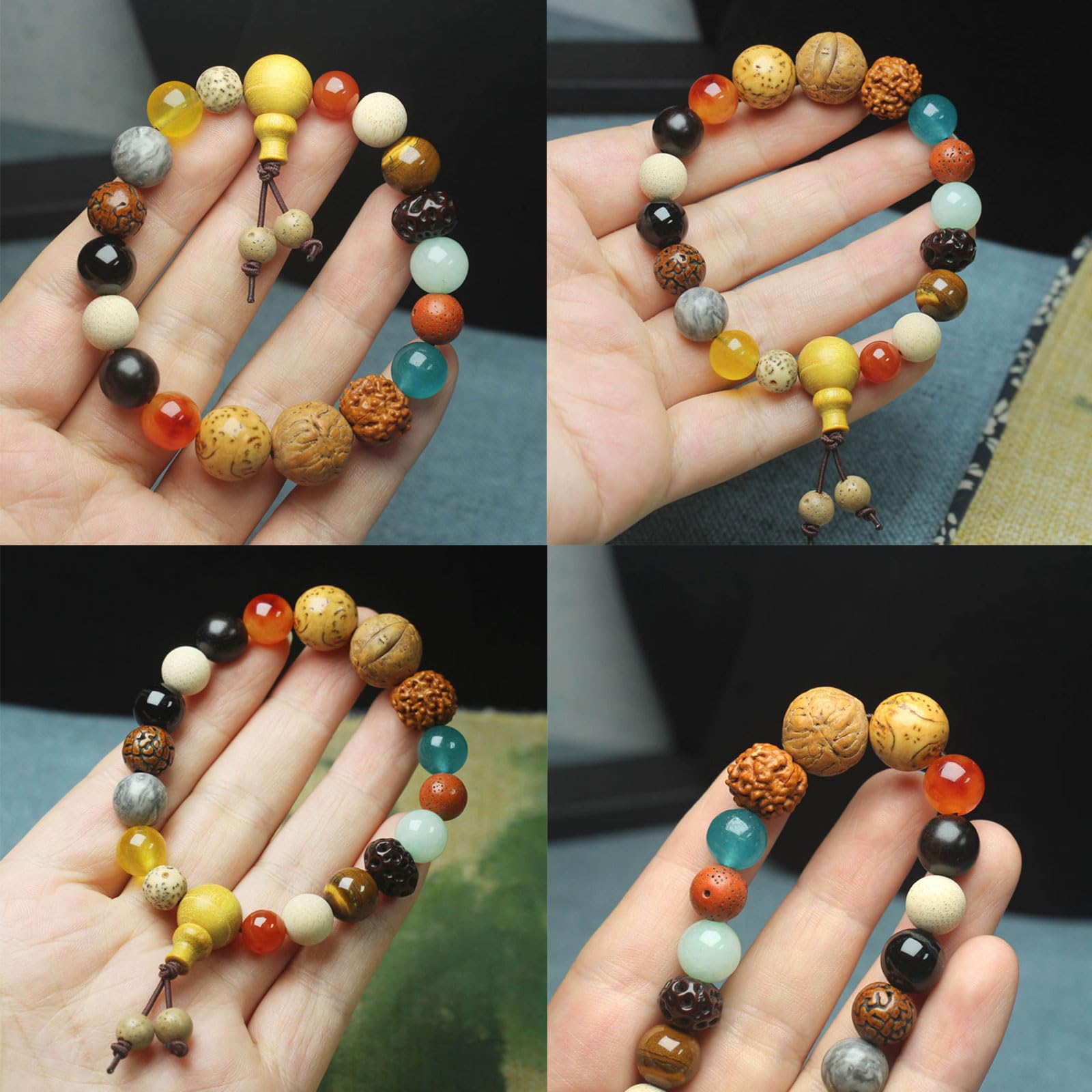 LLXYWJ 18 Arten von Perlen, elastisches Seil, Unisex-Armbänder, verstellbar, natürliche Bodhi-Samen-Armbänder, Schmuck, Geschenk