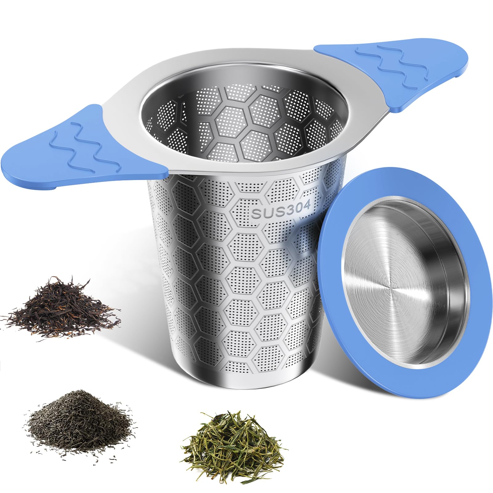 yomanta teesieb für losen tee mit Deckel, Breiter Griff mit hitzebeständigem Silikon, 304 Edelstahl Teesieb für Teekannen/Tassen-blau