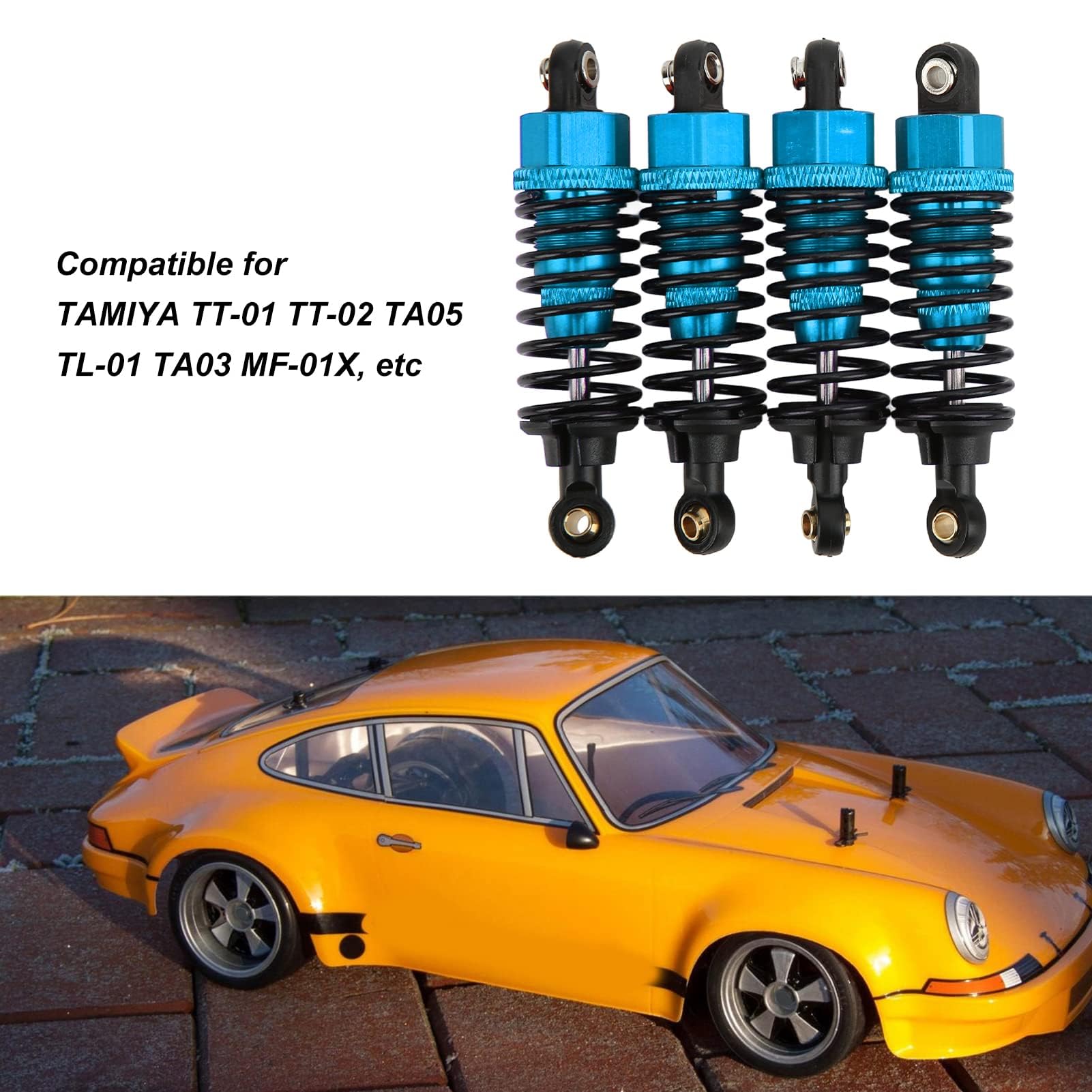 4 szt. RC amortyzatory, 1/10 aluminiowe amortyzatory samochodowe RC regulowane metalowe części RC amortyzator samochodowy zestaw do montażu do TT-01 TT-02 TA05 TL-01 TA03 MF-01X (BLUE)