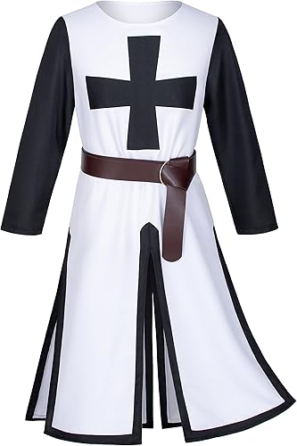 Miniatura 3 de Conjunto de túnica medieval renacentista de caballero de caballero templario, disfraz de guerrero, disfraz de guerrero, máscara y cinturón
