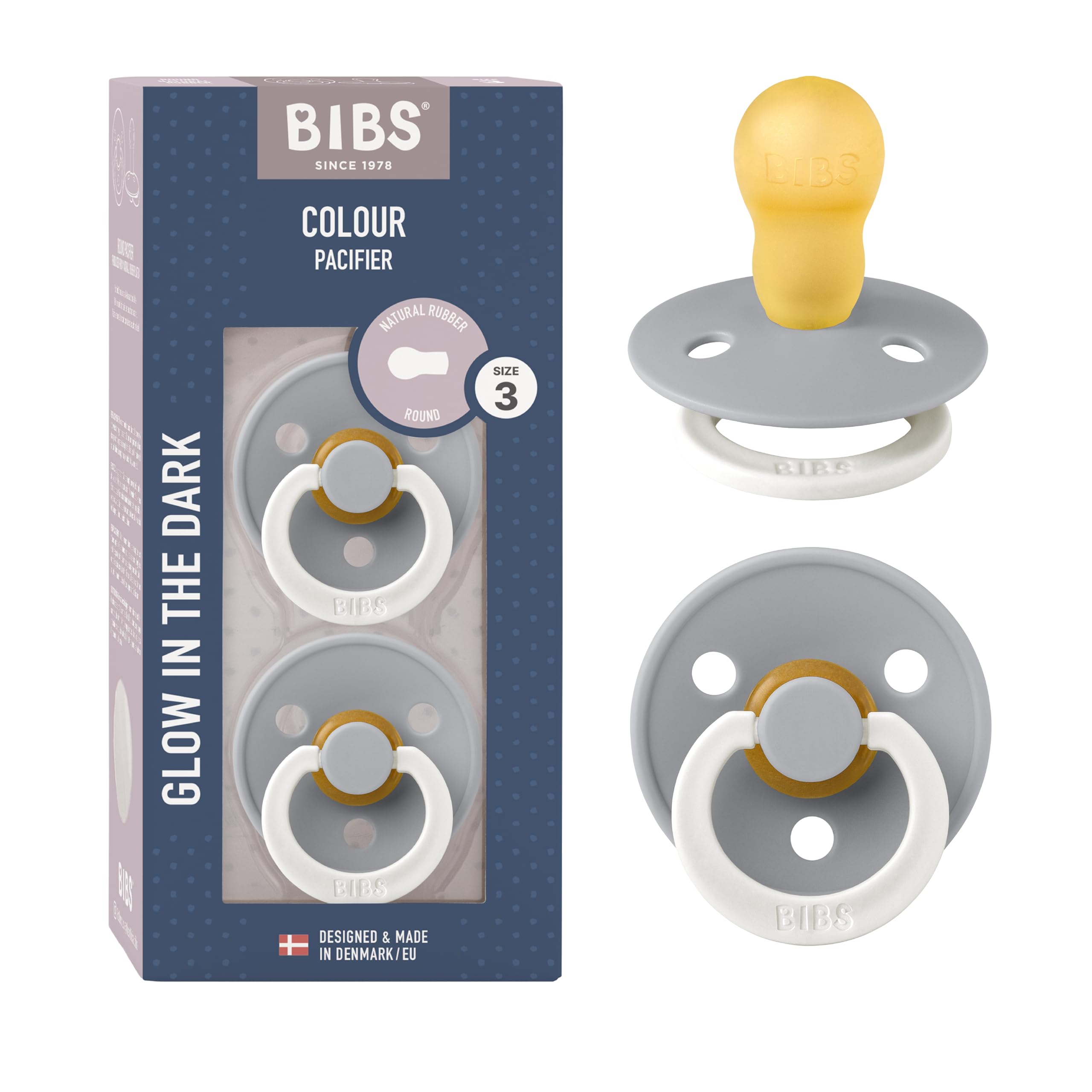Bibs Colour Pacifier 2-Pack | BPA Free Soother, Round Nipple. Natural Rubber Latex,