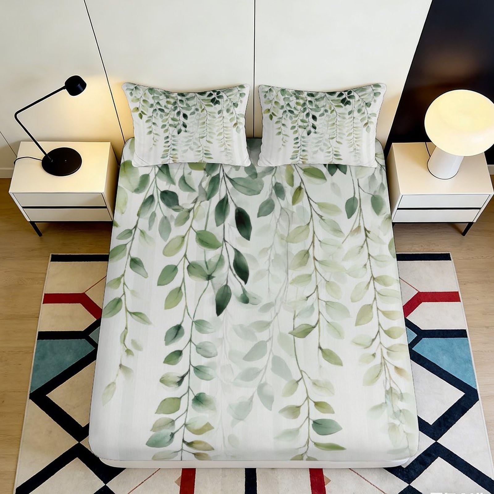 3D Printed Botanical Leaves Fitted Sheet Microfiber Non-Slip Deep Pocket Leaves Mattress Fitted Cover for Bedroom 90x200x25cm