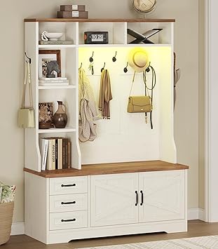 TVU Storage Hall Tree with Bench & 3 Drawers, 22-in-1 Coat Rack With 9 Coat Hooks, Farmhouse Entryway Bench With 9 Open Shelves for Hallway, Entryway Hall Tree with Door