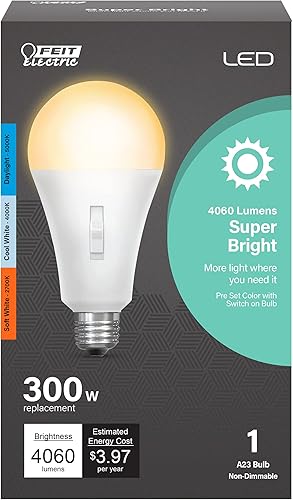 Feit Electric Bombilla Intellibulb LED de tres colores seleccionable - A19 con una bombilla de base media E26 - Equivalente a 300 W - Vida útil de