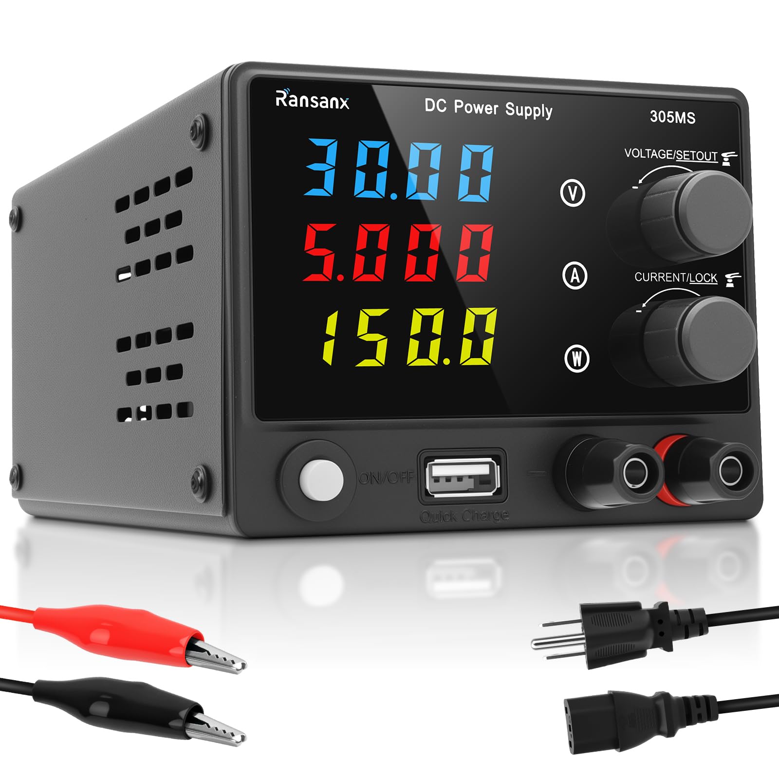 DC Power Supply Variable 30V 5A Adjustable DC Regulated Lab Bench Power Supply with 4-Digit LED Display, 18W USB Fast Ch