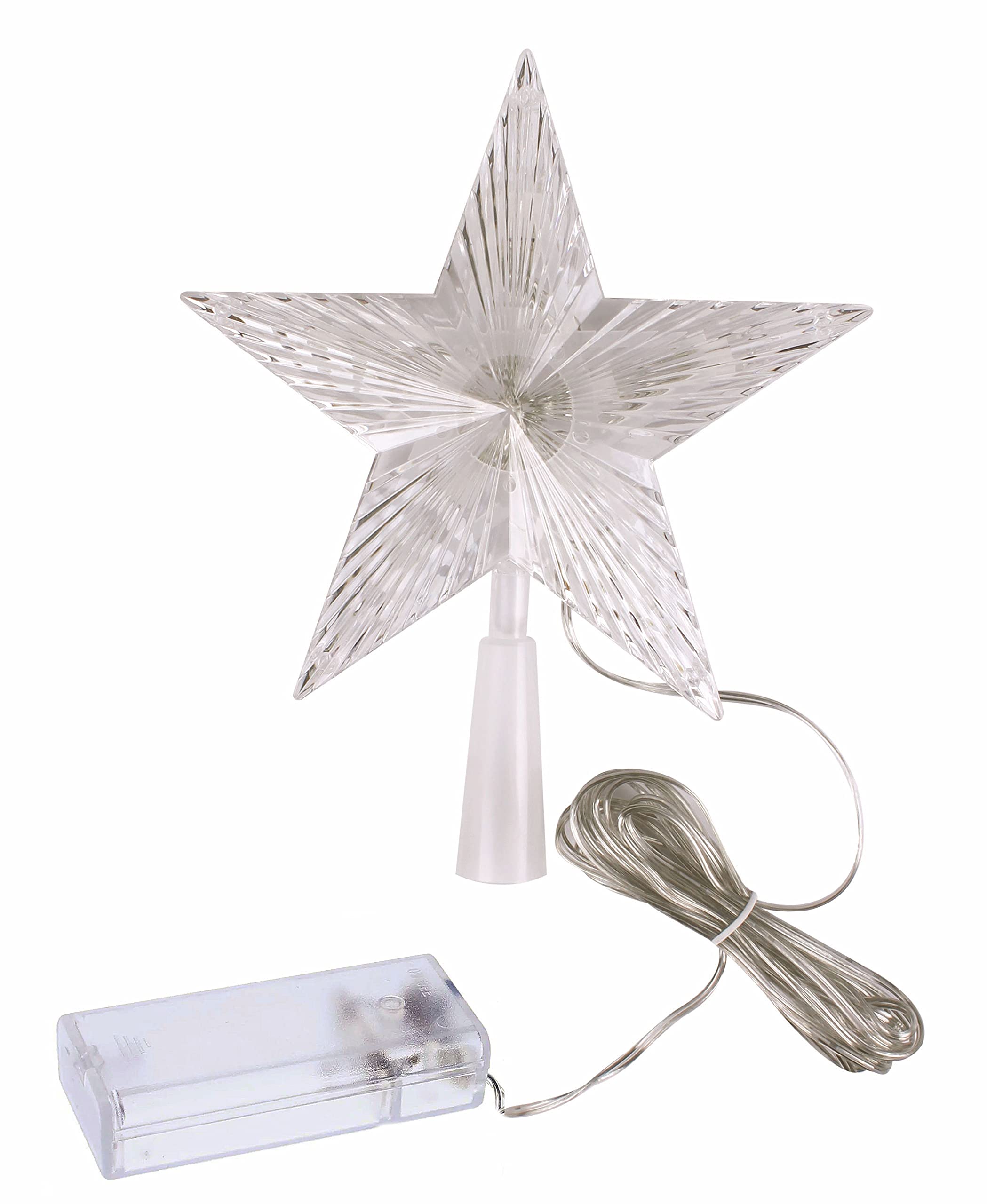 Punta de Árbol de Navidad Con 10 LED, Temporizador y Batería - Estrella Iluminada 18 x 22 cm en Blanco Cálido
