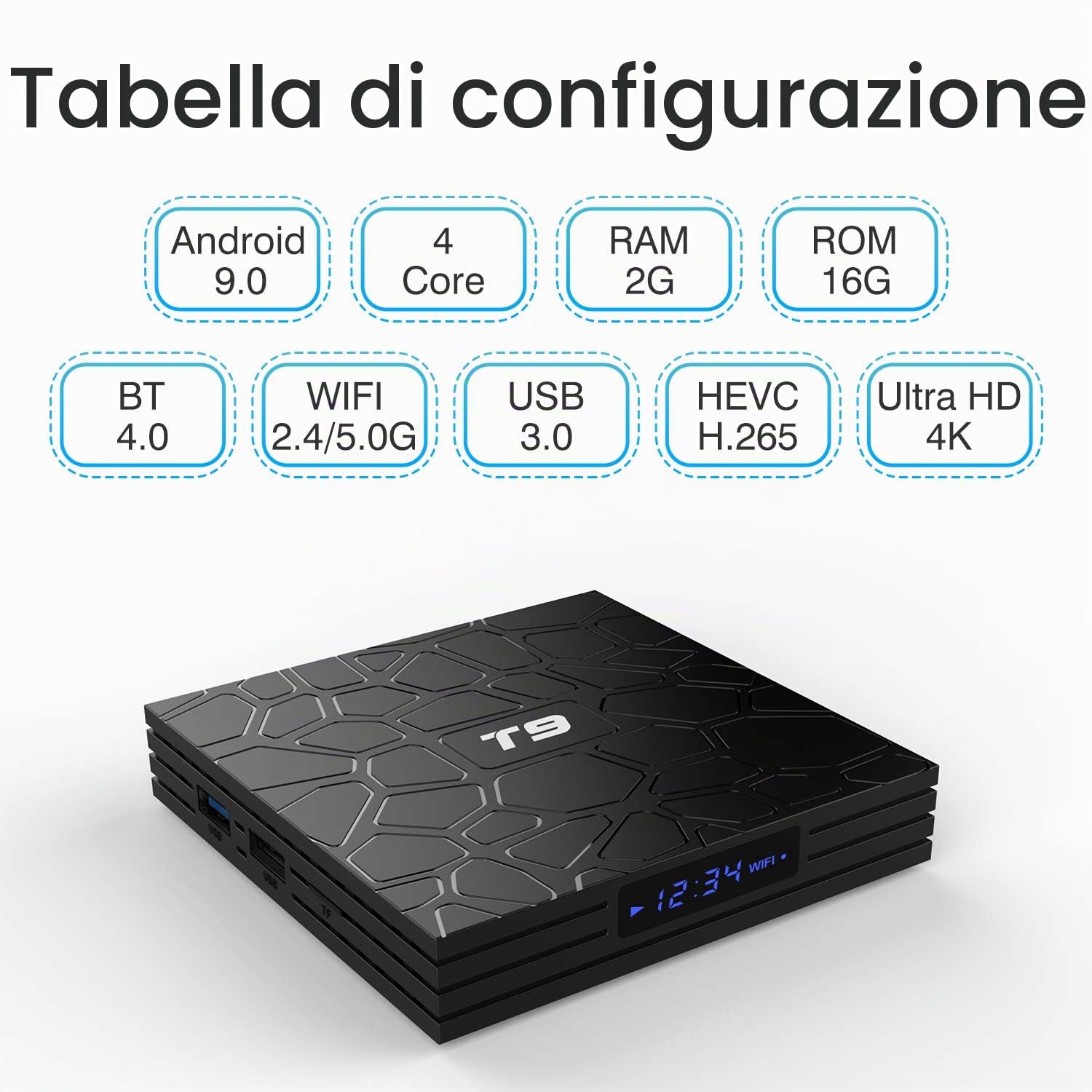 TUREWELL Android 9.0 TV BOX 2GB RAM/16GB ROM Support 2.4/5.0Ghz WiFi BT4.0 RK3318 Quad-Core 4K 3D HD DLNA Smart TV BOX