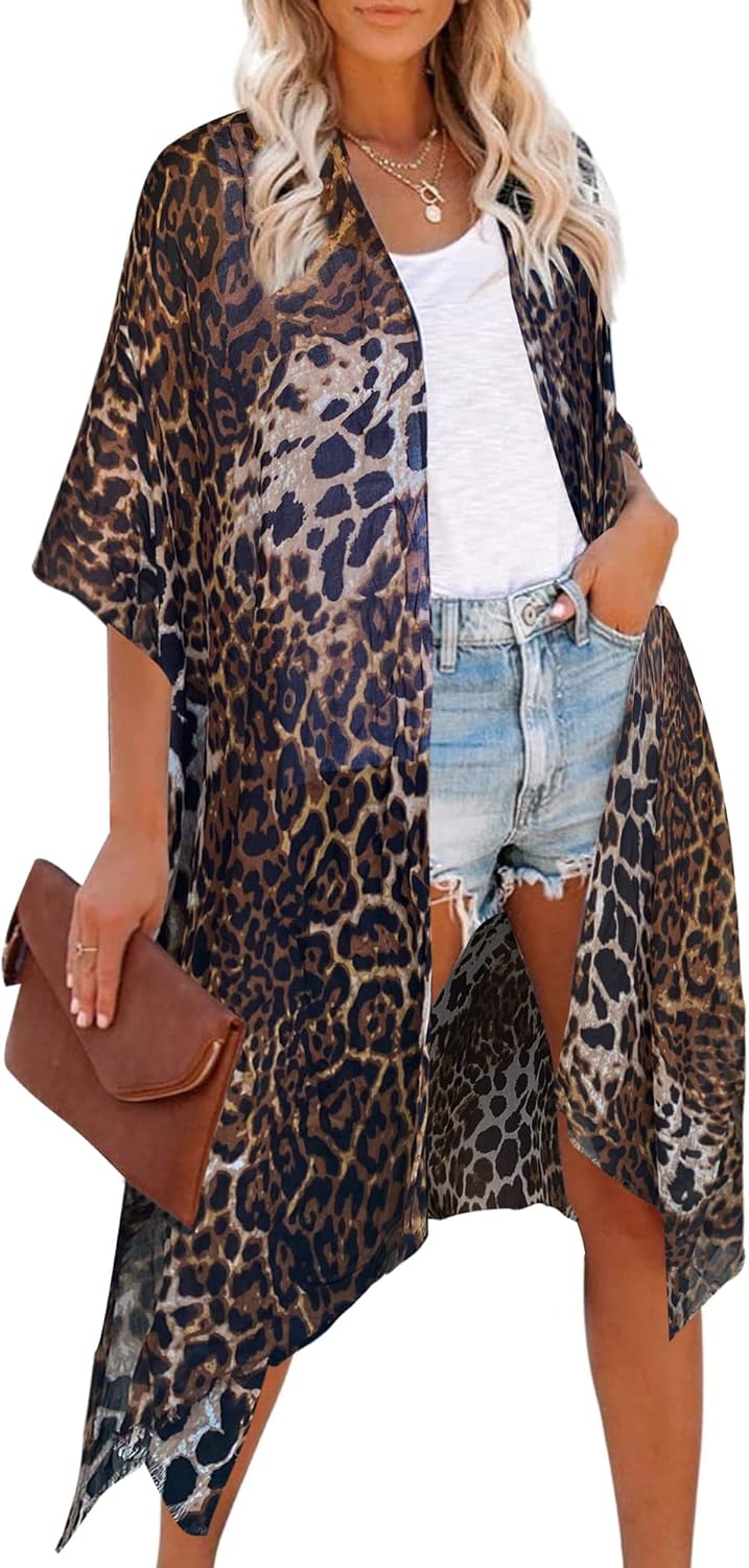 Moss Rose Women's Beach Cover up Swimsuit Kimono with Bohemian Floral Print, Loose Casual Resort Wear