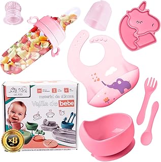 OLNID® SUPER PACK De 8 PIEZAS Vajilla Bebe PREMIUM | Vajilla Bebe Silicona Con Tapa y Ventosa ULTRA-ADHERENTE | Libre BPA | Platos Bebe Ventosa | Cubiertos Bebe | Accesorios Bebe | Color(Rosa)
