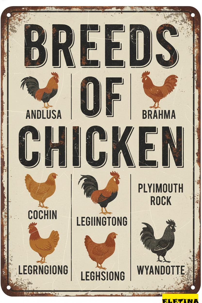 Breeds of Chicken Tin Sign, 8x12 Inch Farm Decor