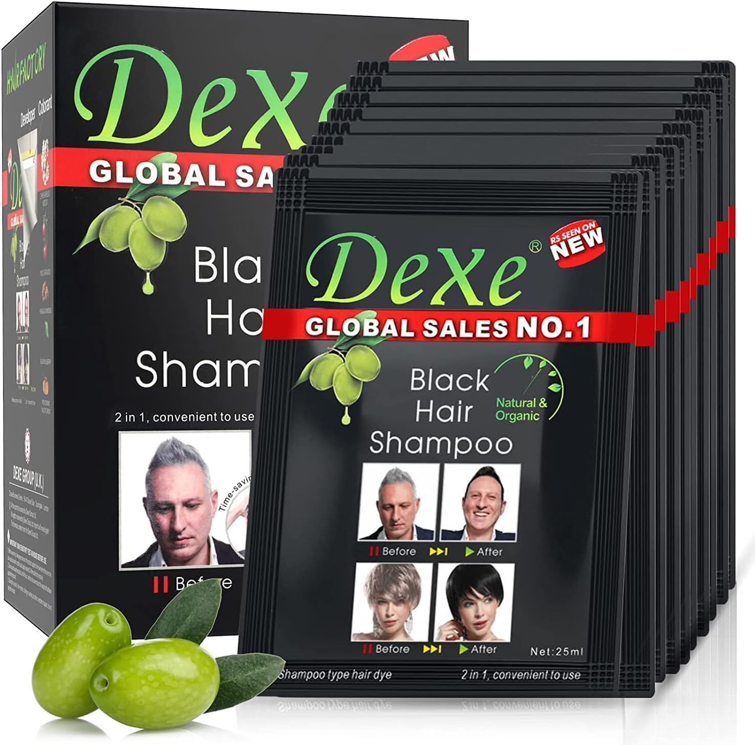 Instant Hair Dye - Black Hair Shampoo - (3) Black Color - Simple to Use - Last 30 days - Natural Ingredients