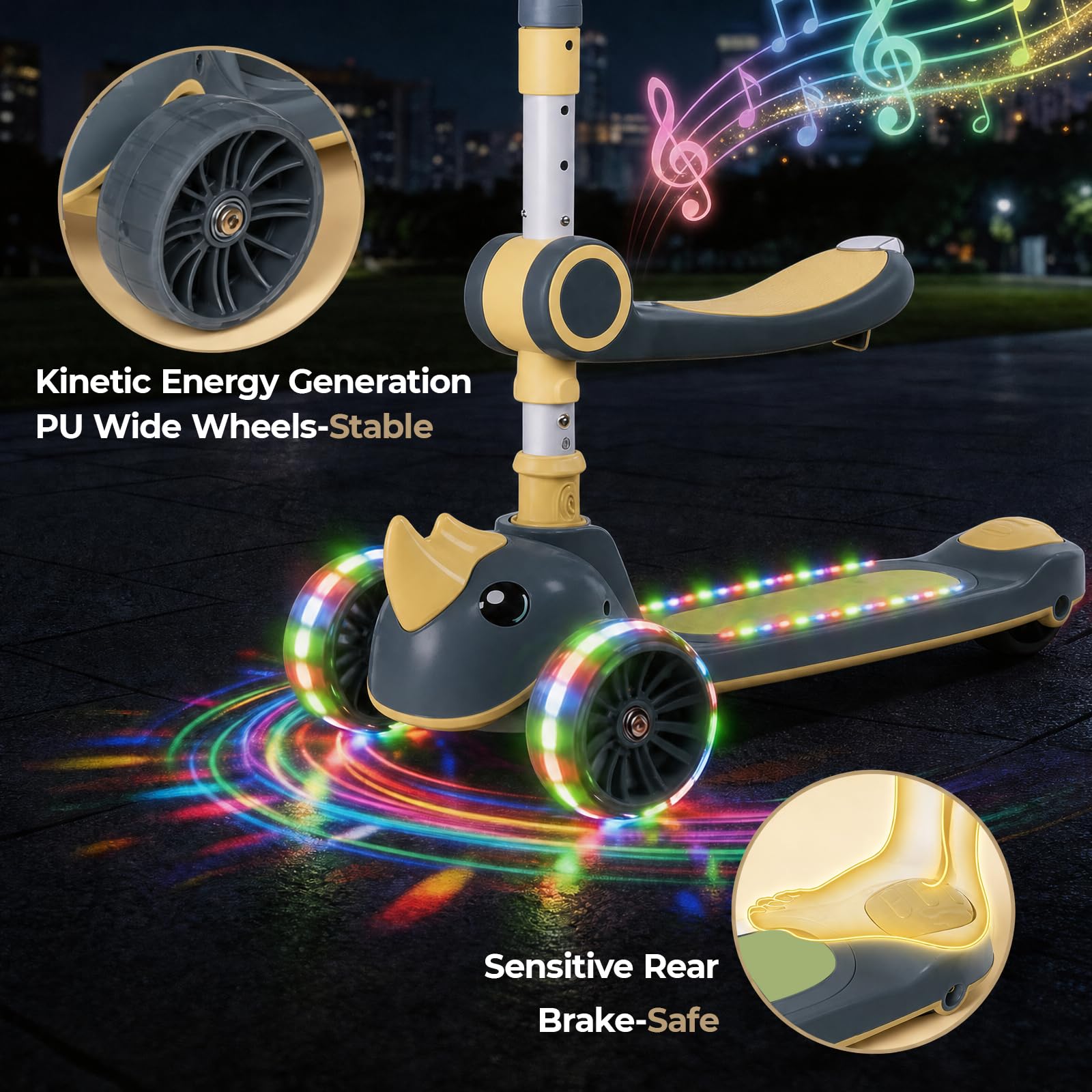 Trottinette 3 en 1 pour enfant avec barre de poussée, siège amovible et roues LED, hauteur réglable sur 3 niveaux, pour enfants de 1 à 8 ans, jusqu'à 50 kg