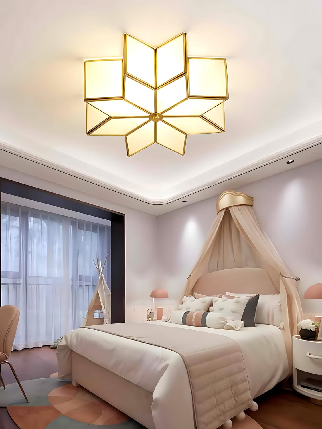 MIXL- Brass Star Ceiling Mount Light Fixture,Semi Flush Mount Art Glass Ceiling Lamp, Mid Century Style Ceiling Light Fixture with Frosted Glass Shade