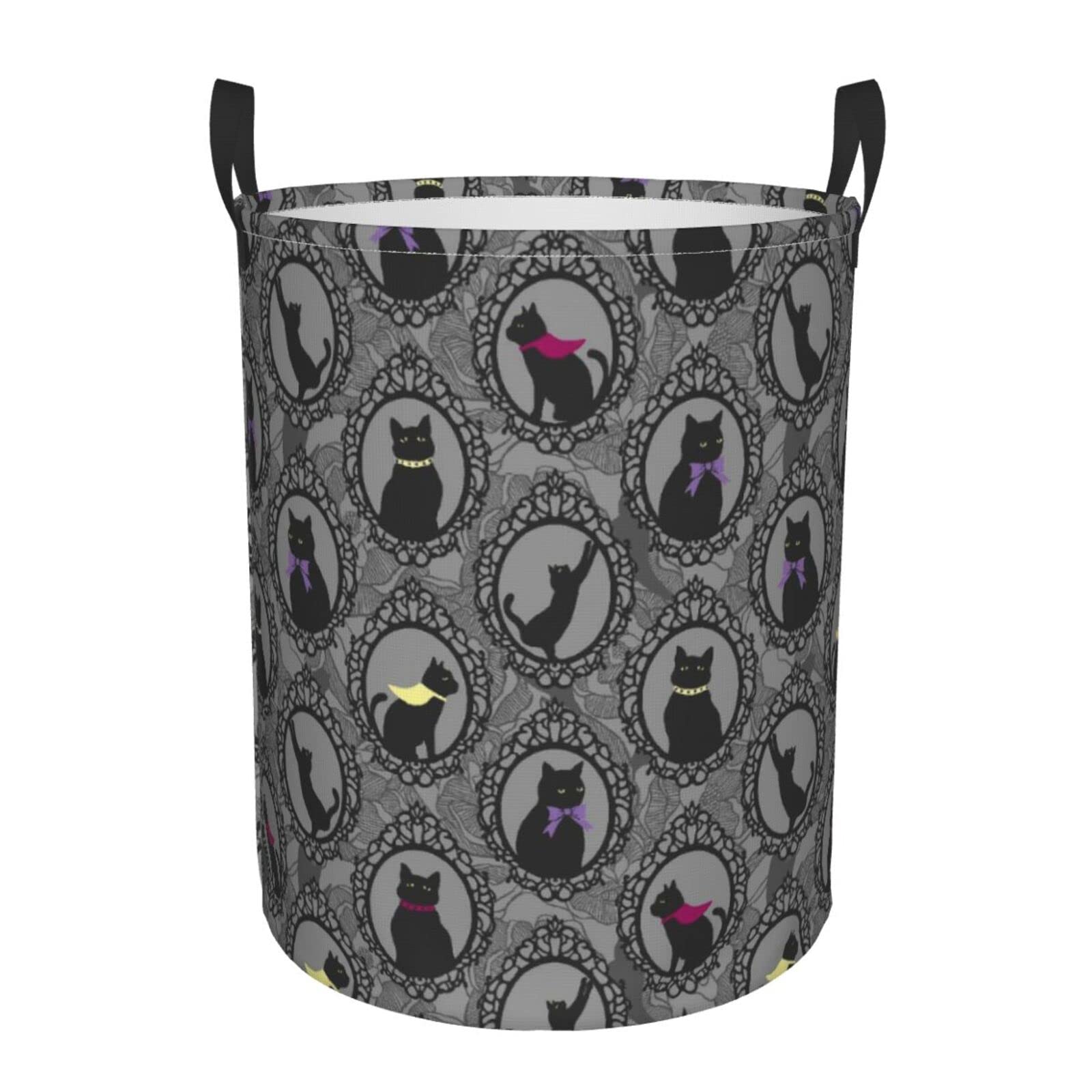 Cat Laundry Hamper Collapsible Laundry Baskets with Handles Dirty Foldable Clothes Basket Easy Carry Laundry Bag Round Storage Basket for Bedroom Toy Black01 M