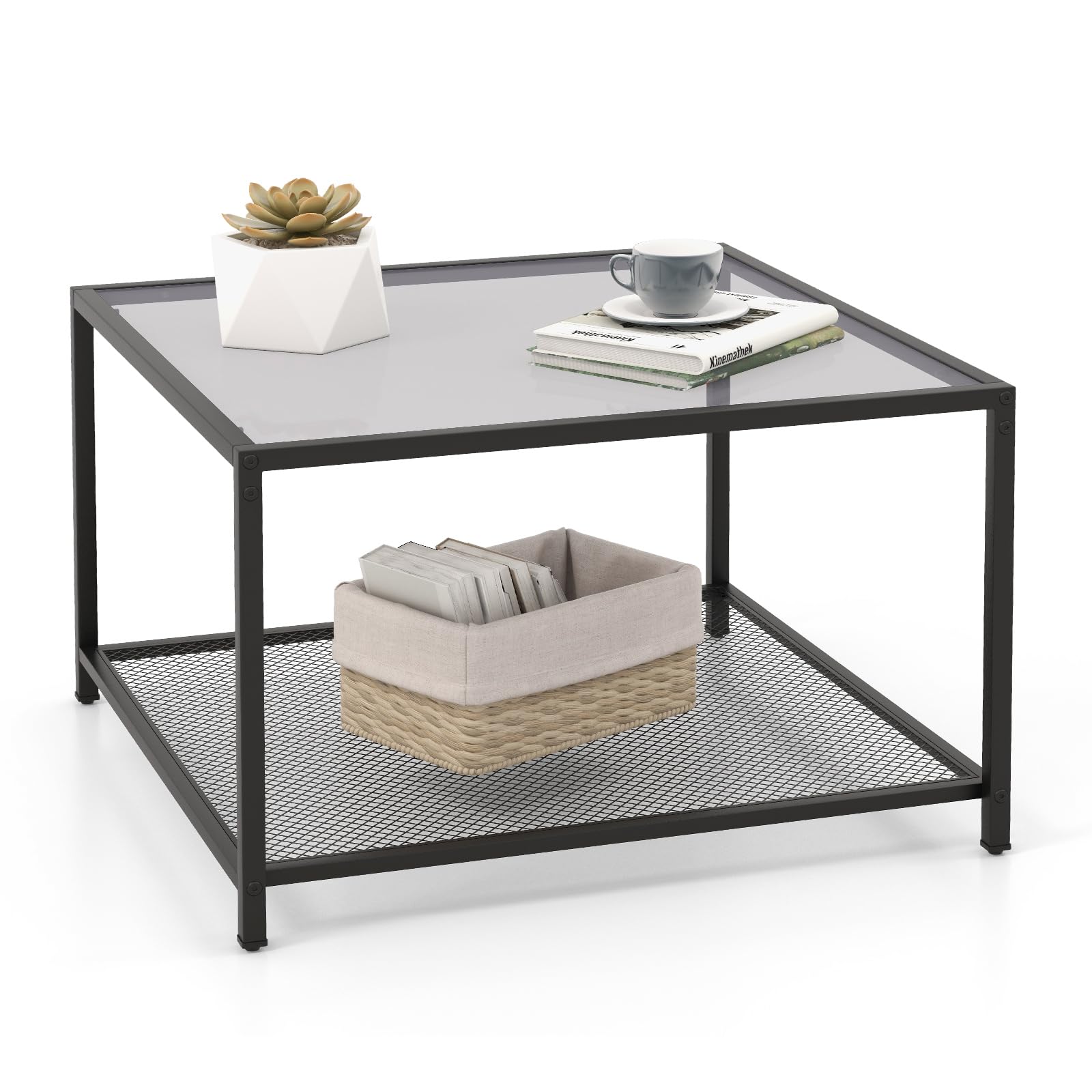 COSTWAY 27 5 Square Glass Coffee Table 2-Tier Glass Top Accent Table w Mesh Shelf Metal Frame Modern
