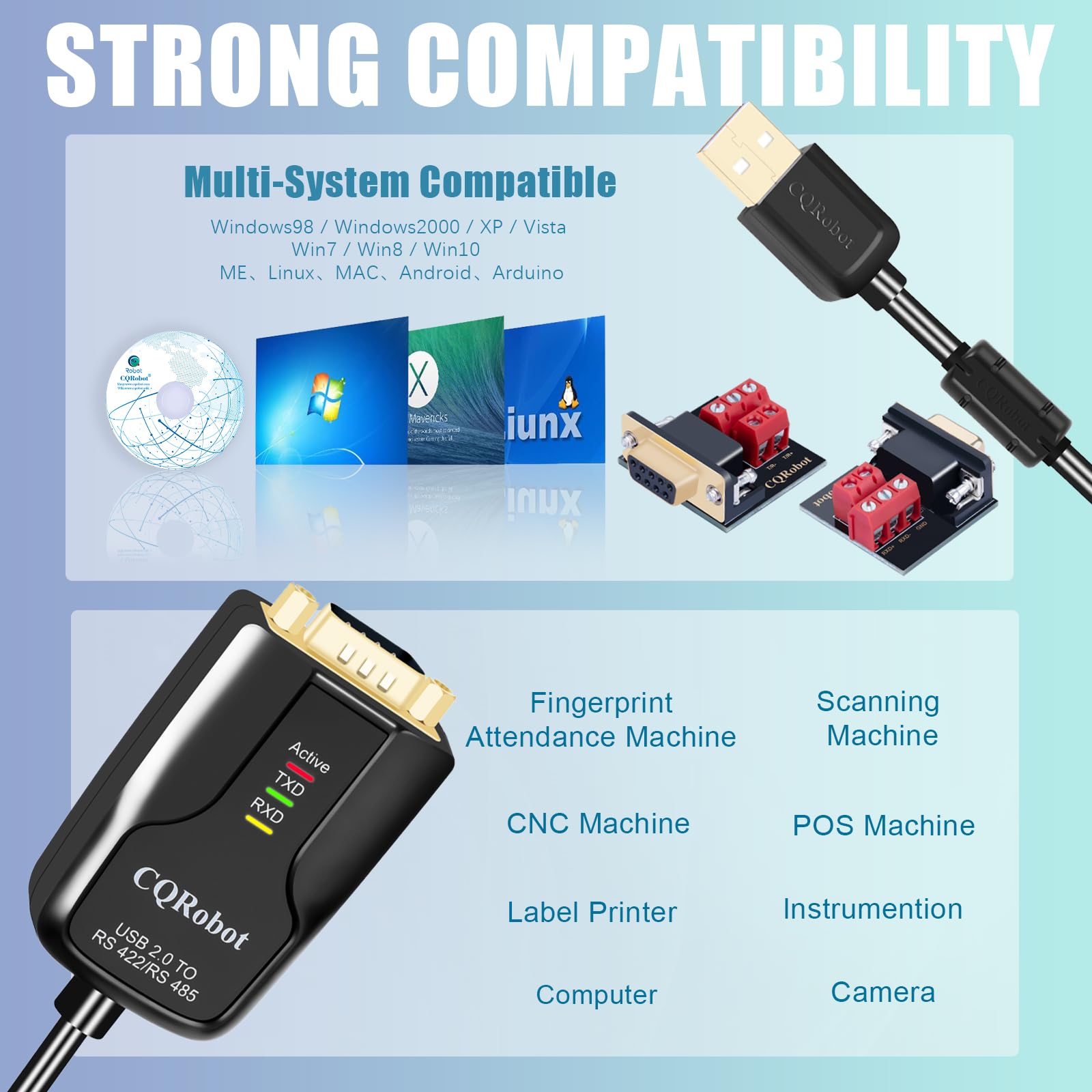 CQRobot 7,2 Piedi USB a RS422 o RS485 Porta Seriale Convertitore Adattatore Cavo Con Chip FTDI FT232. Supporta Windows 10 8 7 XP Mac. 600W-SPD, 15KV-ESD, Controllo Automatico I/O, Supporto 32 Nodi.