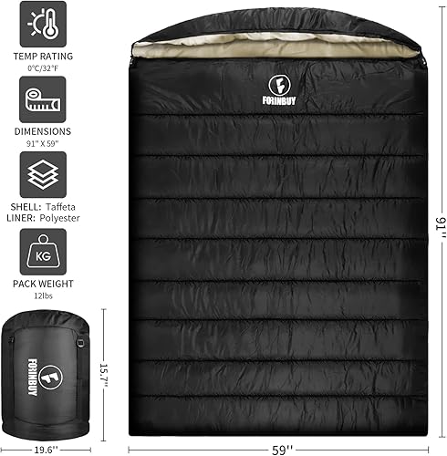 Miniatura 2 de Saco de dormir doble de invierno de 0 grados para parejas adultas, saco de dormir para 2 personas para clima frío, saco de dormir doble ancho para