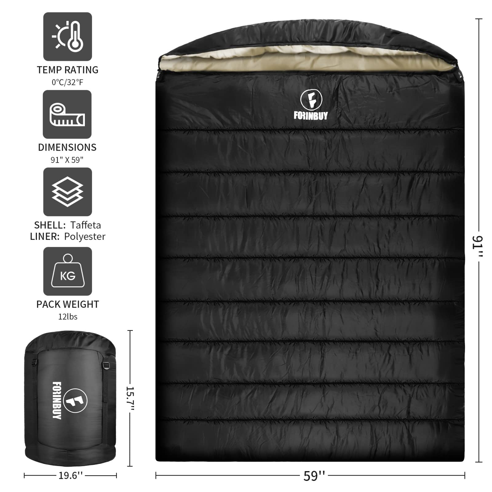 Saco de dormir doble de invierno de 0.0 °F para parejas adultas, saco de dormir para 2 personas, saco de dormir doble ancho cálido para acampar familiar, mochilero o senderismo