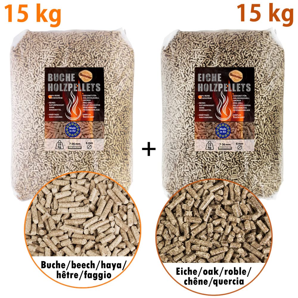 15 kg Eiche Pellets + 15 kg Buche Pellets Grill Smoker Holz Pizzaofen BBQ Pellet Outdoor Ofen Grillen Chunks Holzpellets Garten Räuchern Pizza Wood Smoke Zubehör Rauch Flameup