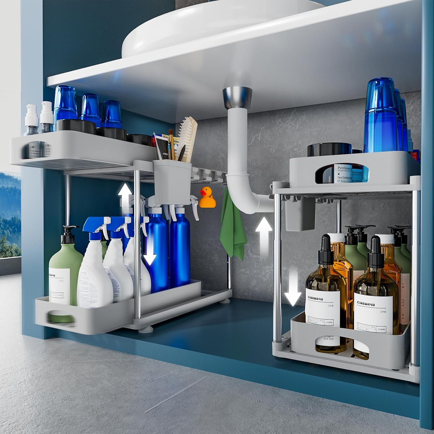 VERIFOST 2 Pack Under Sink Organizers and Storage, Double Sliding Kitchen Cabinet Organizer, 2 Tier Height Adjustable Countertop Organizer for Kitchen Bathroom Laundry, White