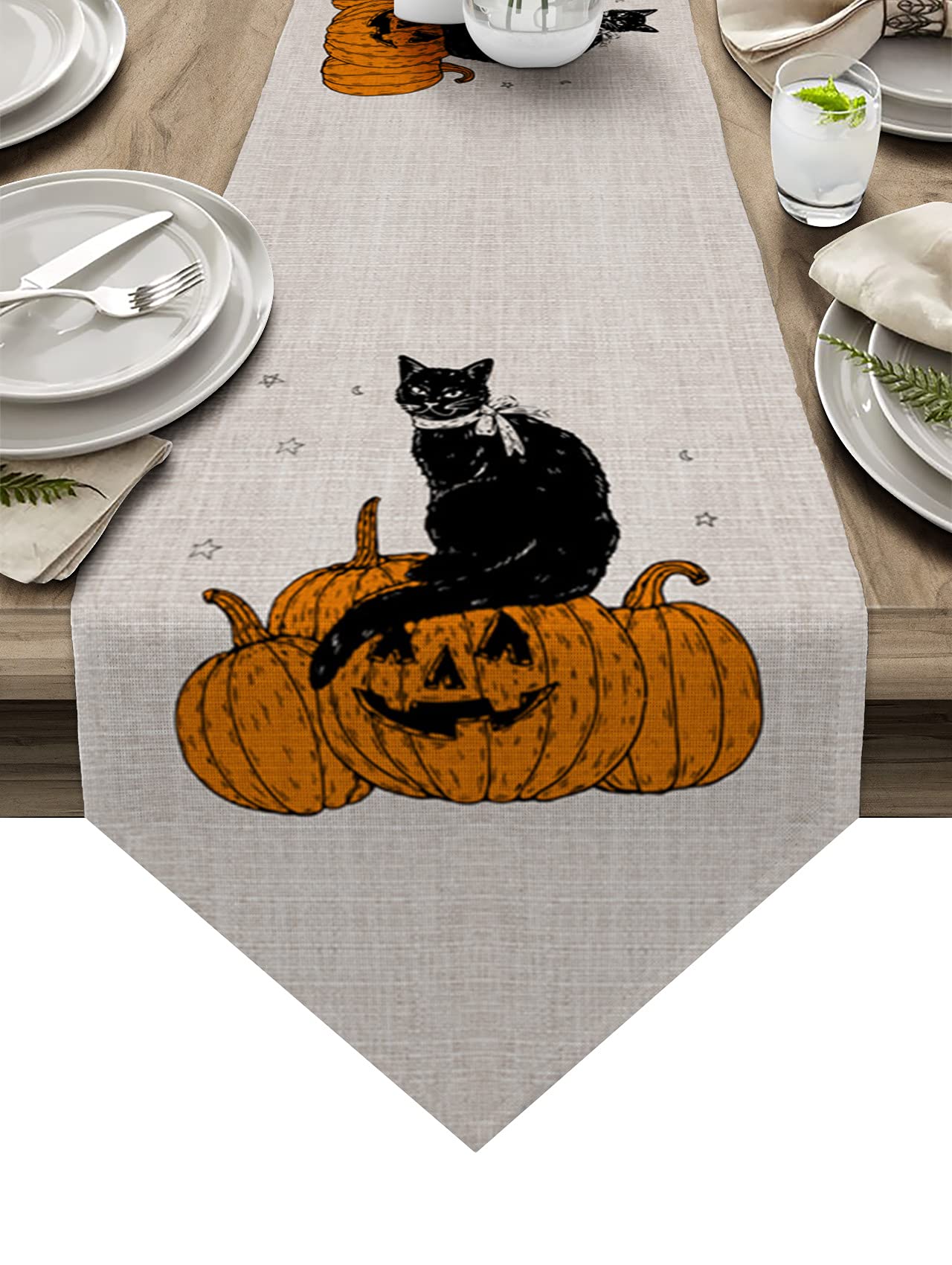 Halloween Table Runner 36 inches Long for Kitchen Dining Table Retro Black Cat Pumpkins Coffee Table Runner for Living Room,Cotton Linen Farmhouse Table Runner for Indoor Outdoor Party Decor 13x36inch
