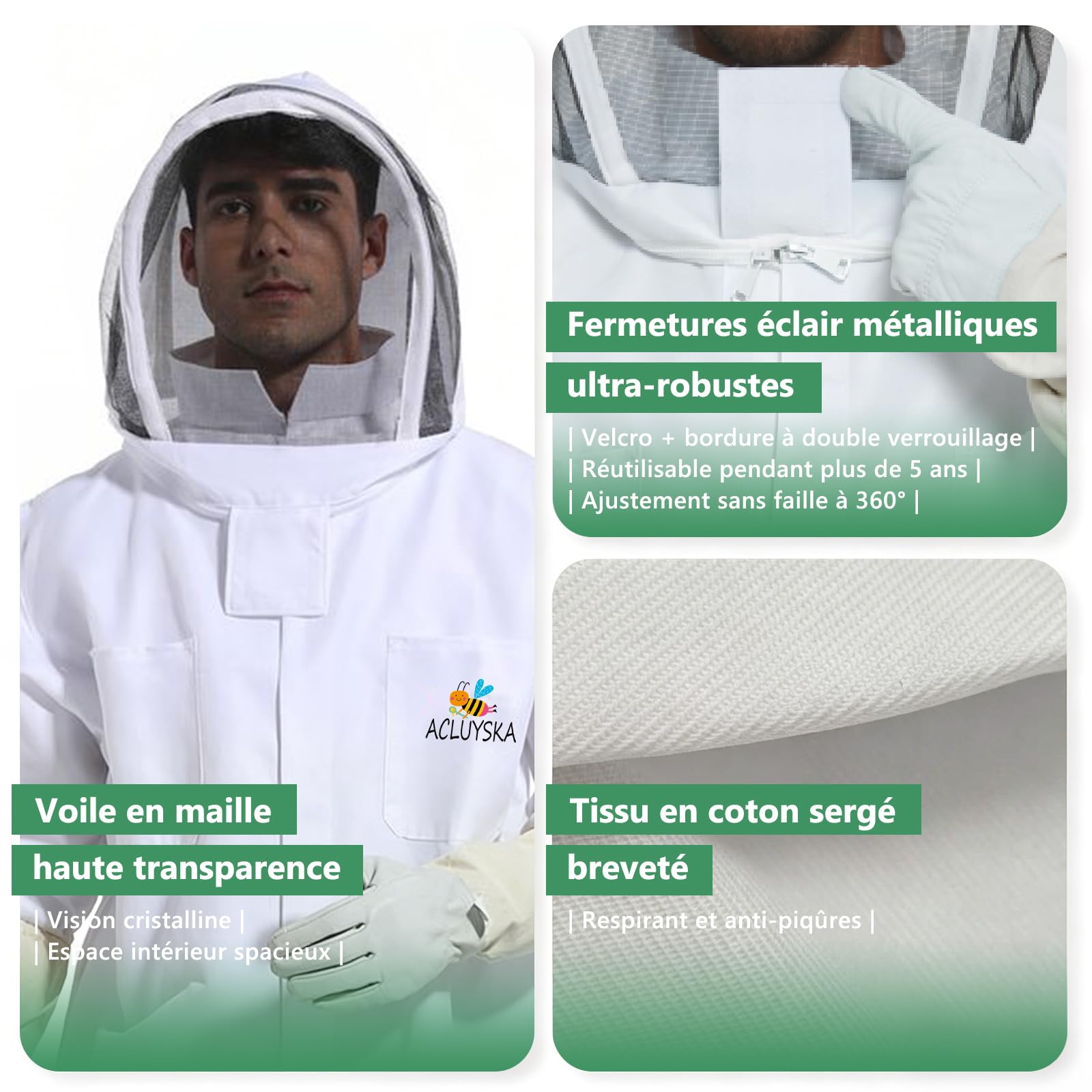Combinaison Apiculteur Homme Femme Anti Guêpes, Tenue Apicole Polycoton Anti-Piqûres avec Gants Apiculture et Capuche Ventilée Combinaison Apiculture Complète Anti Guêpes(S)