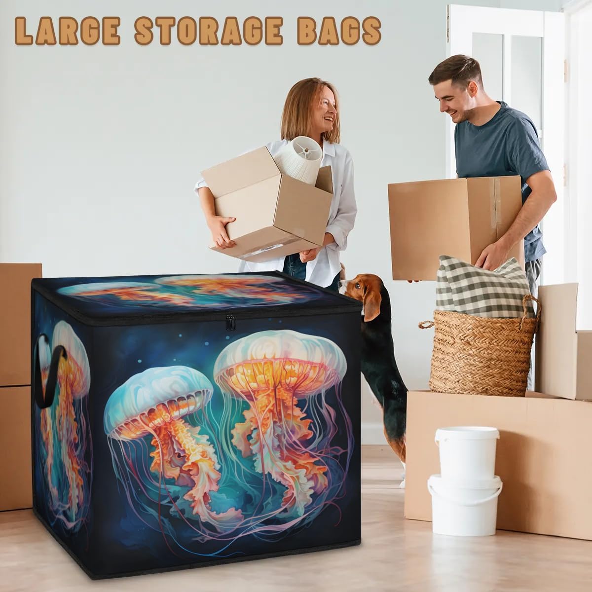 Honeybaby 214L Extra Large Comforter Storage Bag Beautiful Jellyfish Storage Totes with Lids Waterproof Closet Organizer Folding Blanket Storage Bags for Clothes Bedding Pillows
