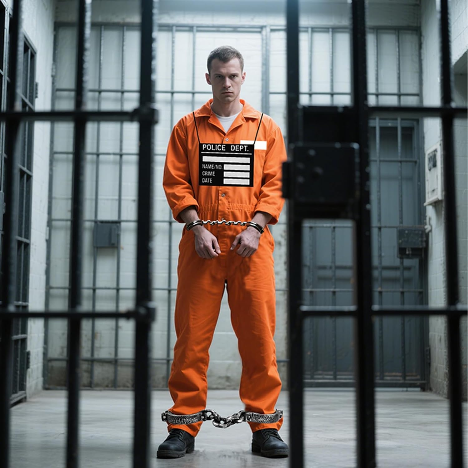 Prisoner Costume Men Orange Prisoner Jumpsuit Adult Jail Costume Halloween Cosplay Inmate Costume Set - Image 7