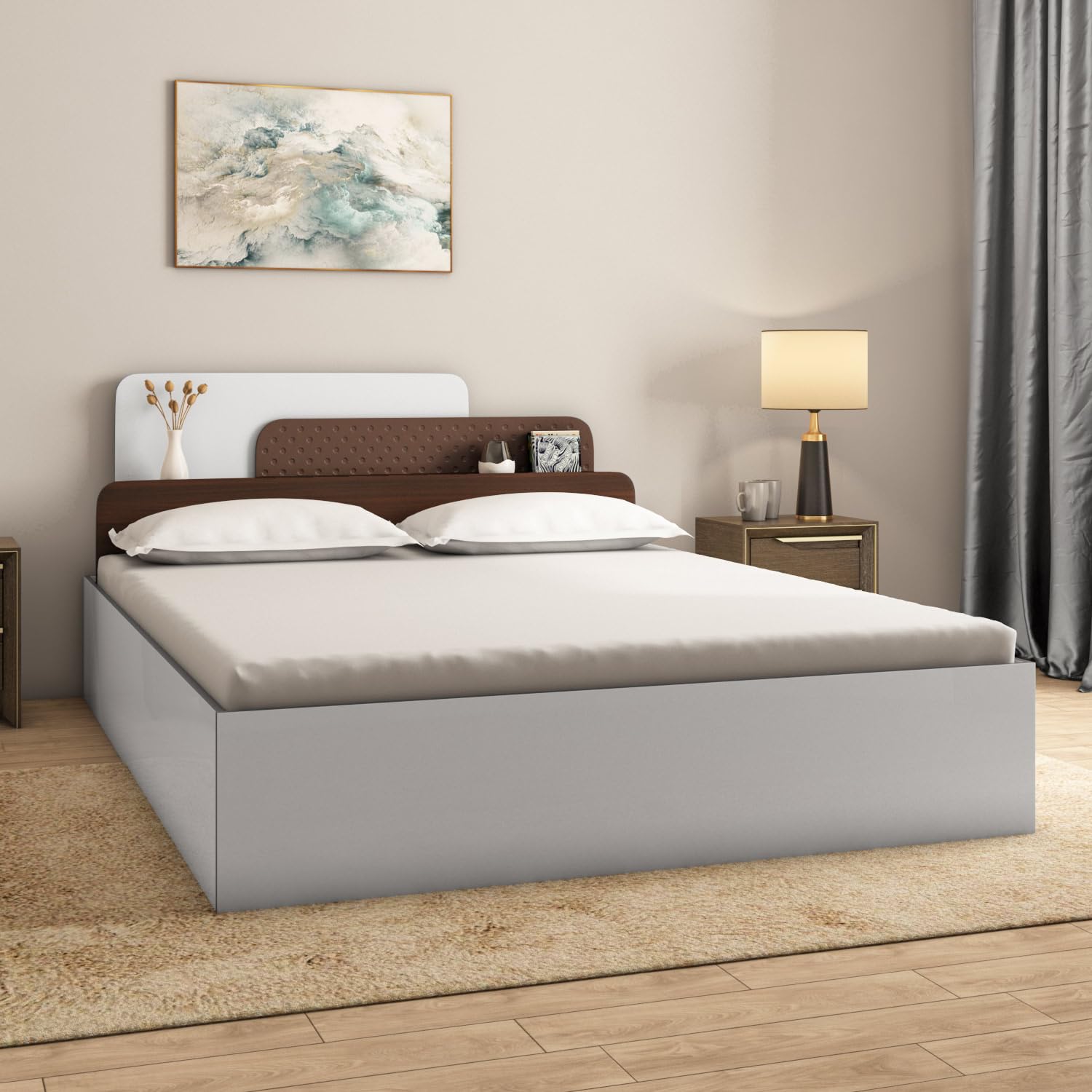 Nilkamal Bruce King Bed | Engineered Wood Build | Headboard with in-Between Storage | 4 Compartments | 1 Year Warranty | Walnut & White-image-32