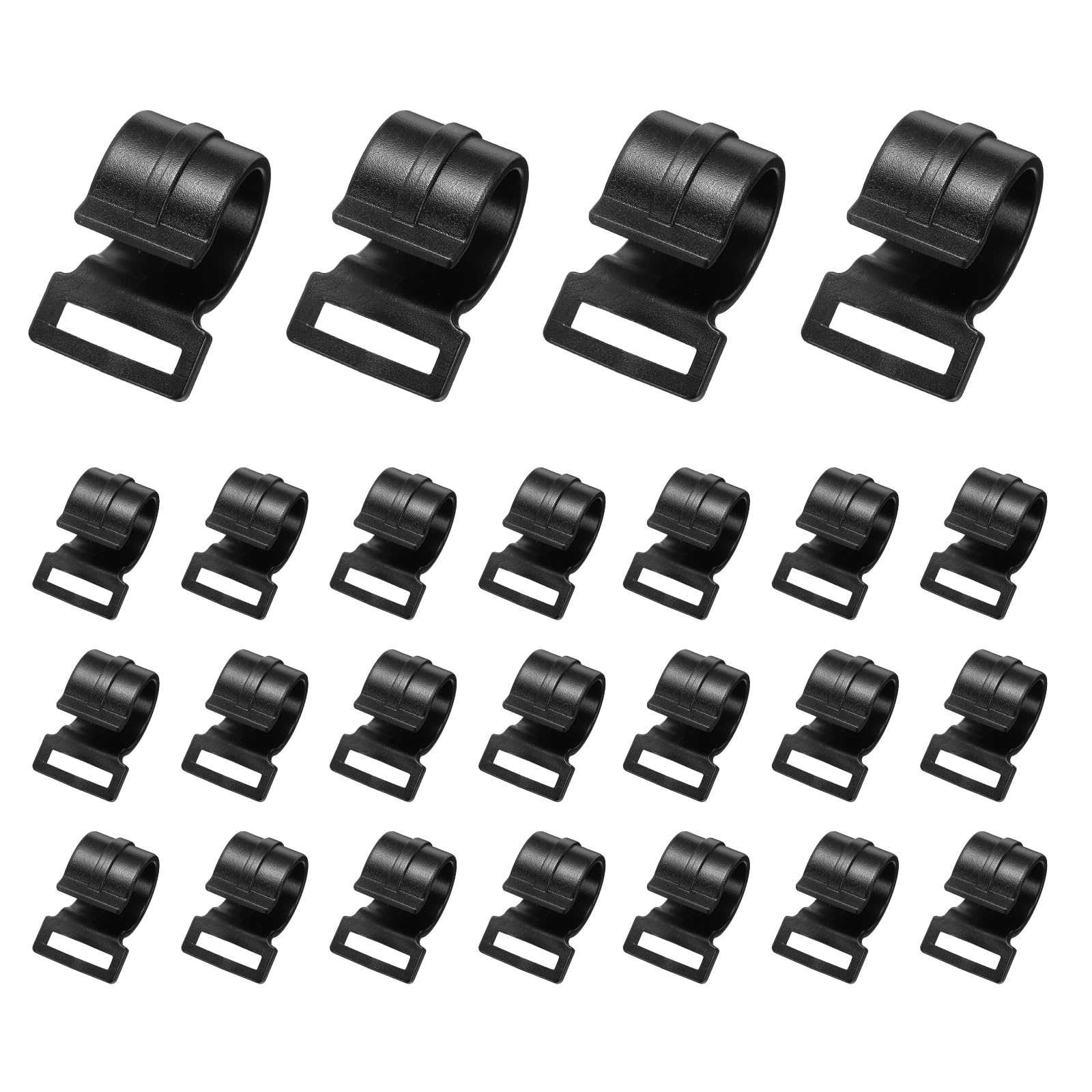 YELARXI Tent Pole Clips, Plastic C Shape Clips ID 25mm 25Pcs Black with Webbing Strap Slot Fasteners Tent Clamp Fit Accessories for Camping/Awning Canopy/Sunshade Support Frame
