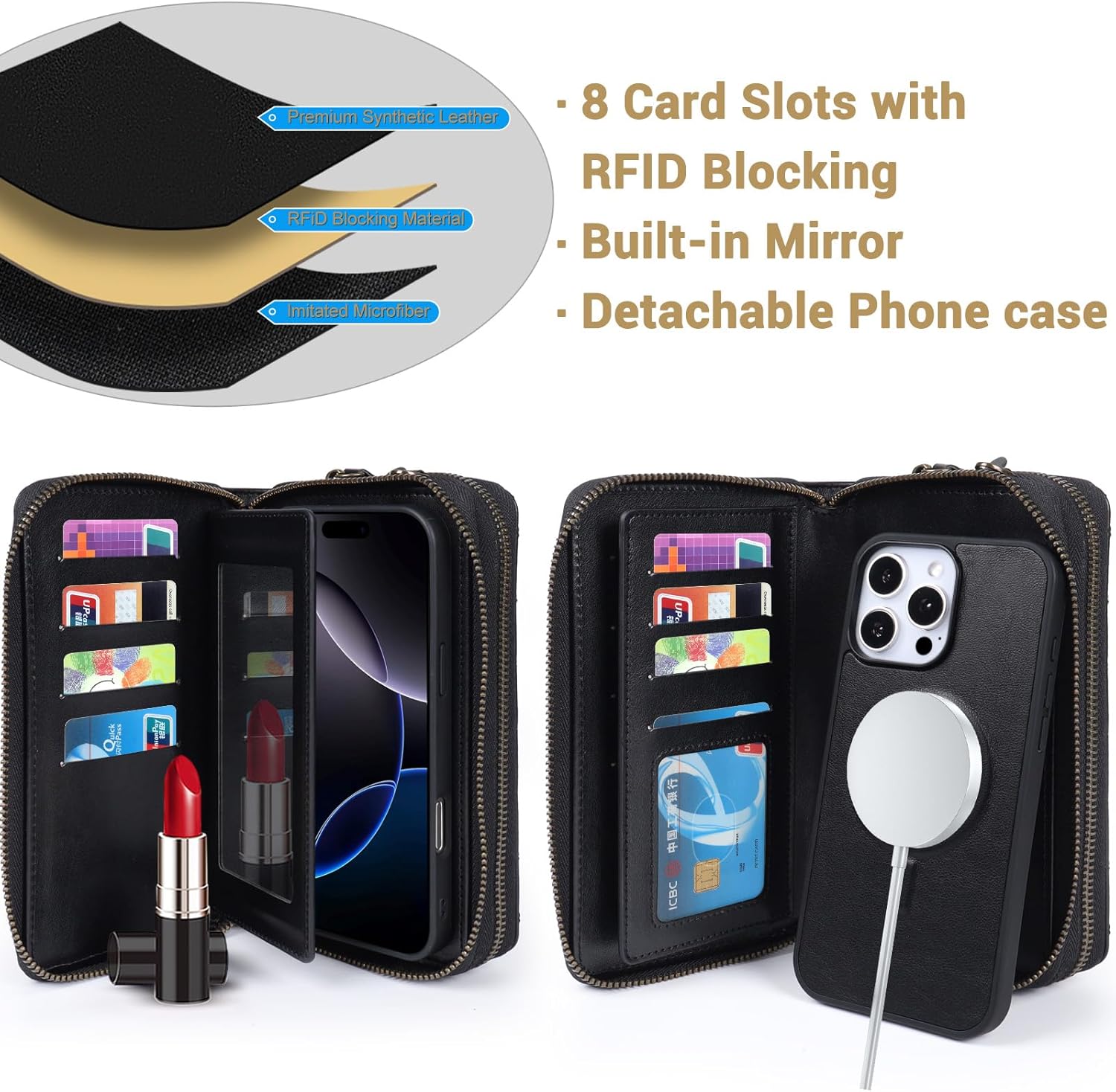 Harryshell Compatible with iPhone 15 Pro Max Case Wallet Multi Zipper Detachable Phone Cover Purse with Card Slots Mirror Crossbody Strap 2023 (Compatible with Magsafe-Black)