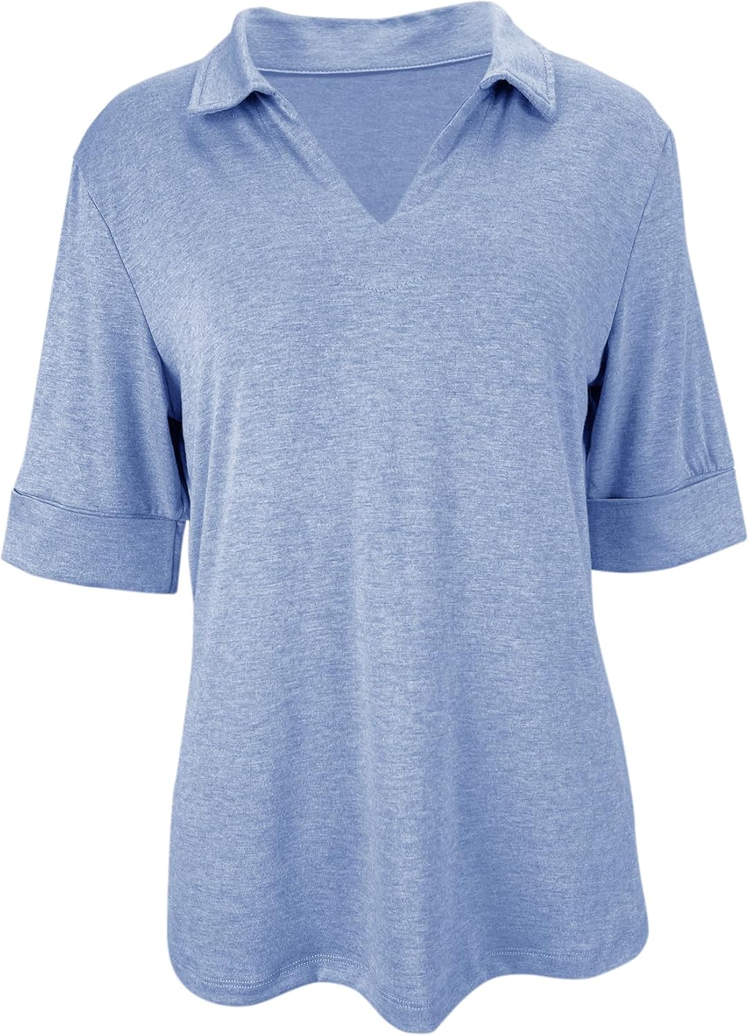 Minclouse Women's Elbow Sleeve Collared Tee Casual Relaxed Fit Tops V Neck Summer Blouse - Image 3