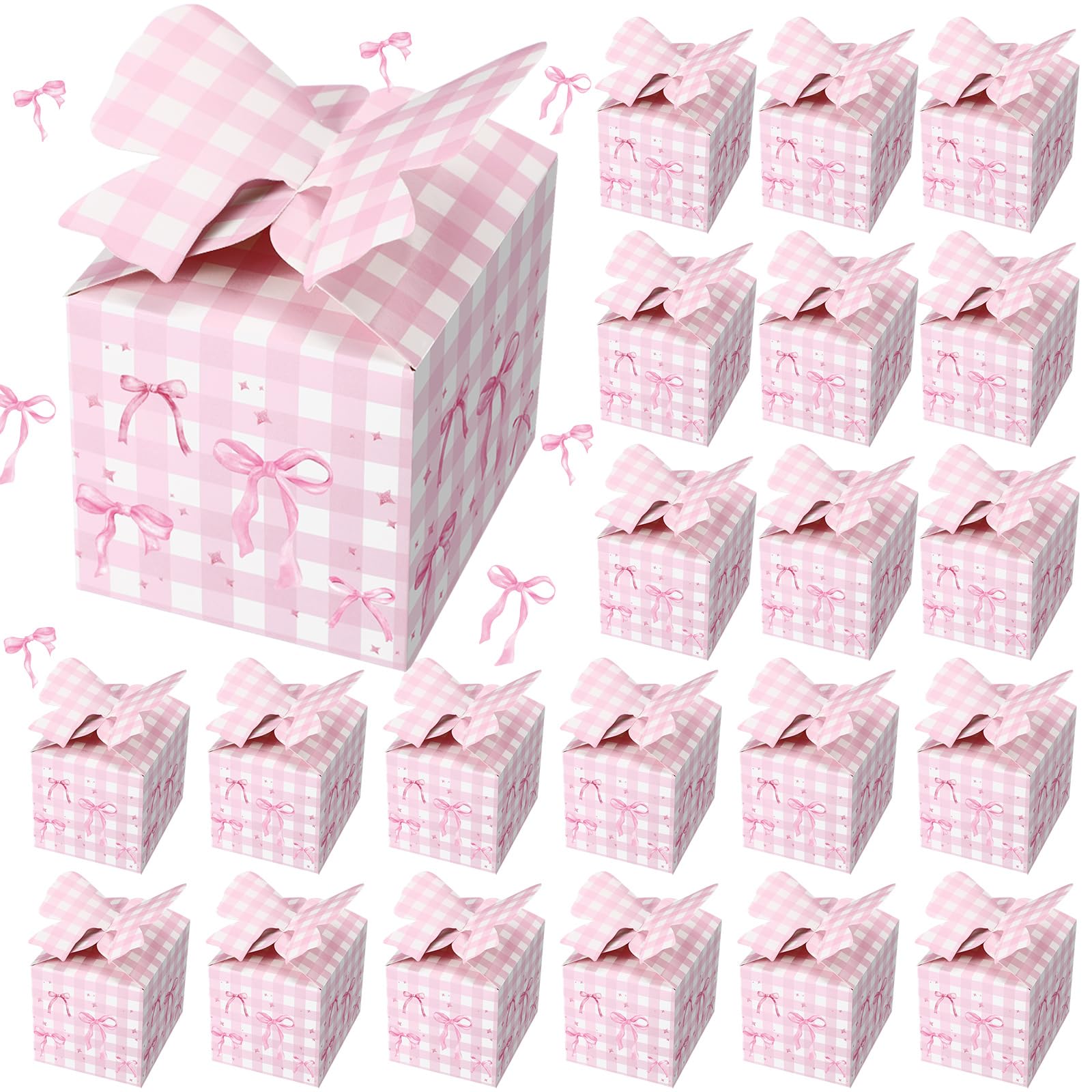 Threehoney 24 Pcs Coquette Gifts Goodies Boxes Pink Bow Treat Paper Boxes 4.72 X3.91 X3.91 Coquette Birthday Party Favors Pink Bow Candy Wrapping Bags