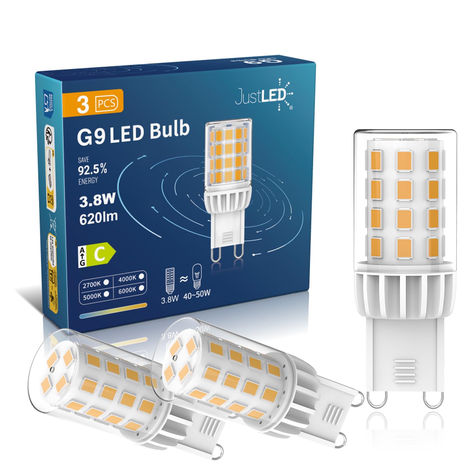 JustLED G9 Led Bulbs Warm White, 3.8W, 620LM, 2700K, G9 Light Bulbs Equivalent to 30/40W Halogen, No Flicker, Non-Dimmable, Energy Saving and Efficient (3 Pack)