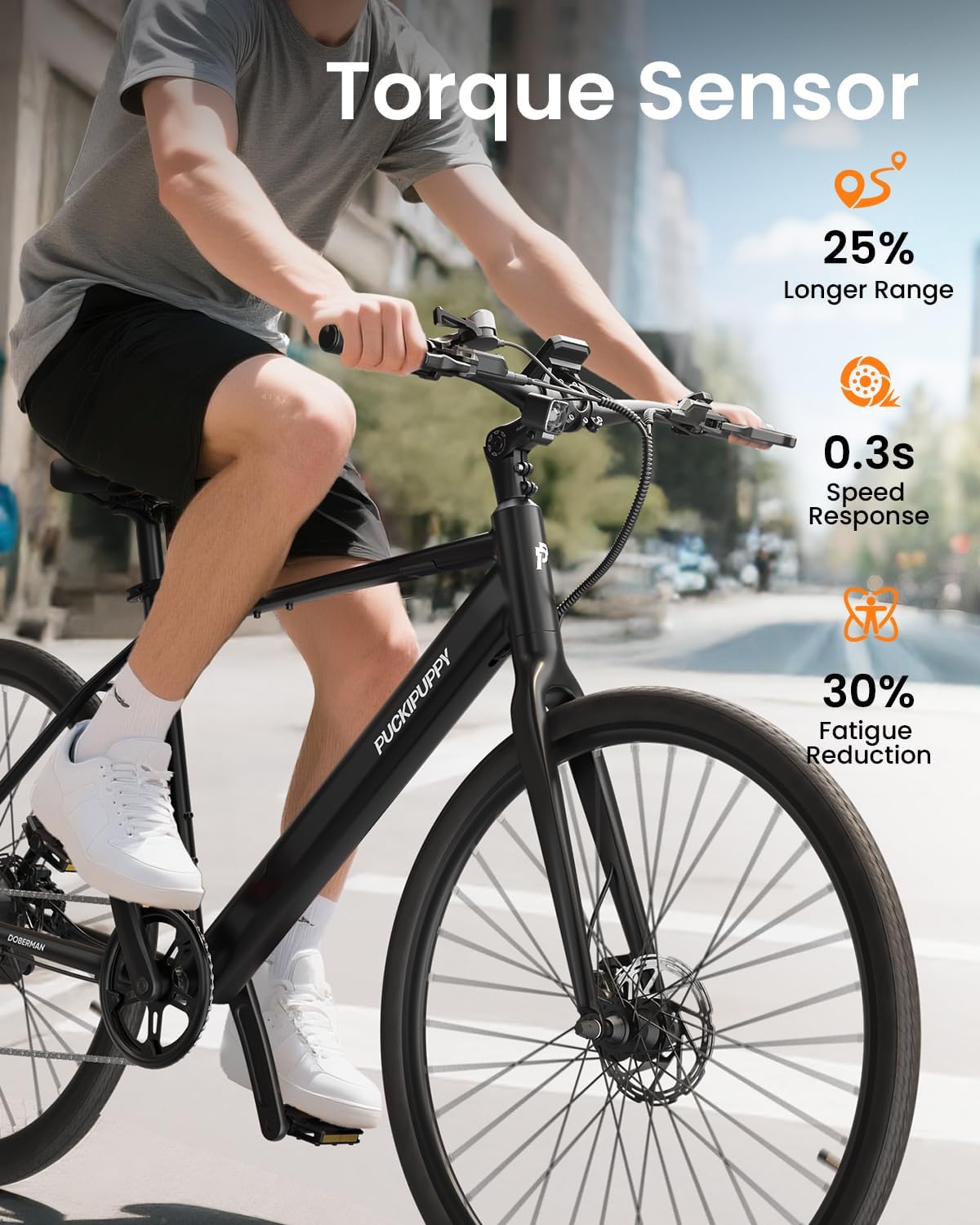 PUCKIPUPPY Electric Bike for Adults, 42lb Air-Light Aluminum Ebike with Torque Sensor, 28" Electric Bicycle with 360Wh Energy Battery, 600W 25MPH Peak E Bike, 7 Speed, 45Nm, Leather seat
