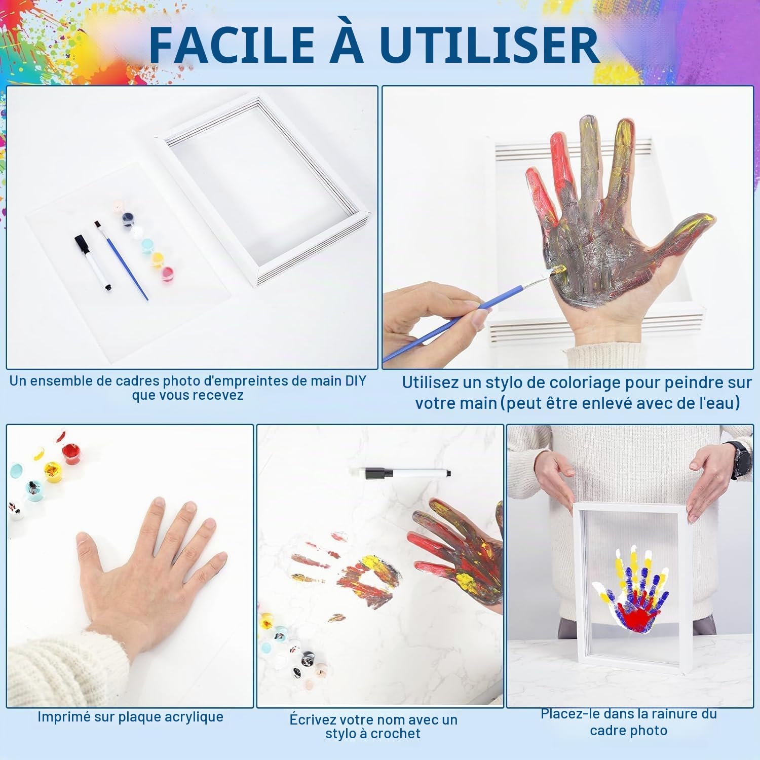 Auauraintt Kit d'Empreintes de Mains Familiales, Cadre en Bois Souvenir Artisanal, Coffret Cadeau, Peintures Non Toxiques, Feuilles Transparentes,Cadeaux pour parents et futurs parents (Blanc)