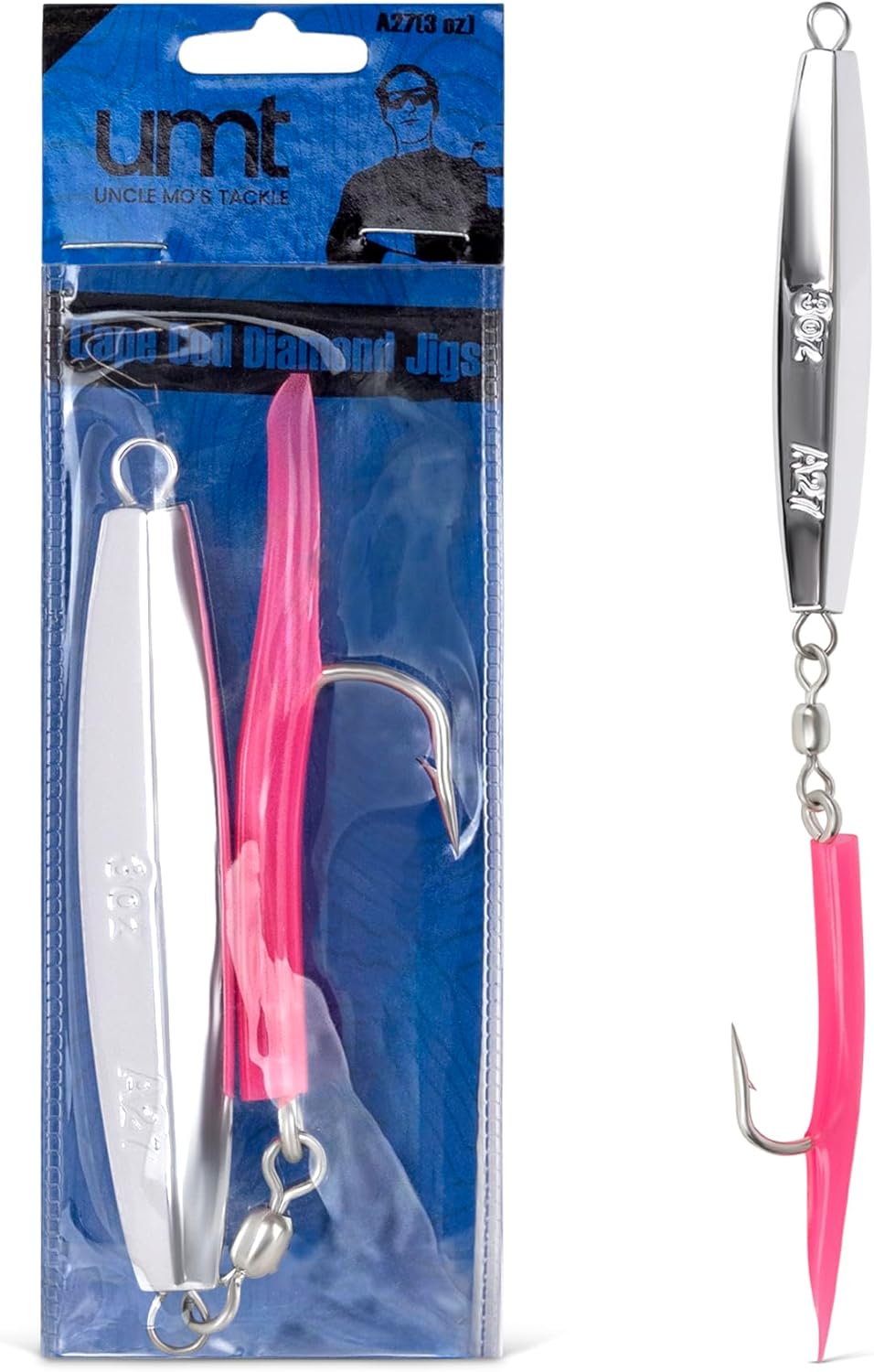 UMT 3oz Diamond Jig, Green or Pink Teaser 6/0 Mustad Hook – Striped Bass, Cod, Black Sea Bass, Grouper, Amberjack, Even Tuna – 1, 5, 10 Pack Options