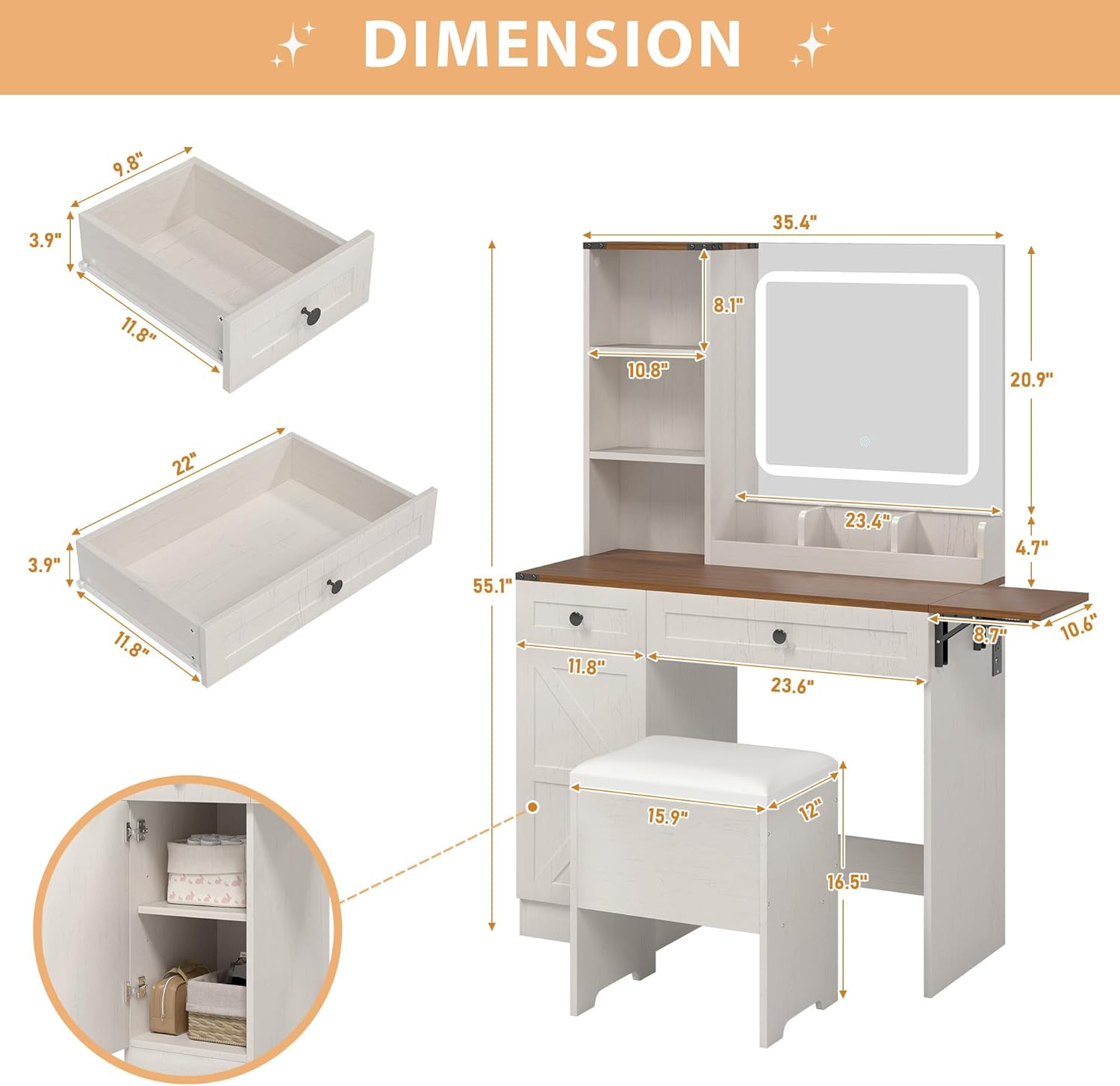 Farmhouse Makeup Vanity Desk with Mirror and Lights, Vanity Set with Charging Station & 2 Drawers & Cabinets, Dressing Table with Stool for Bedroom