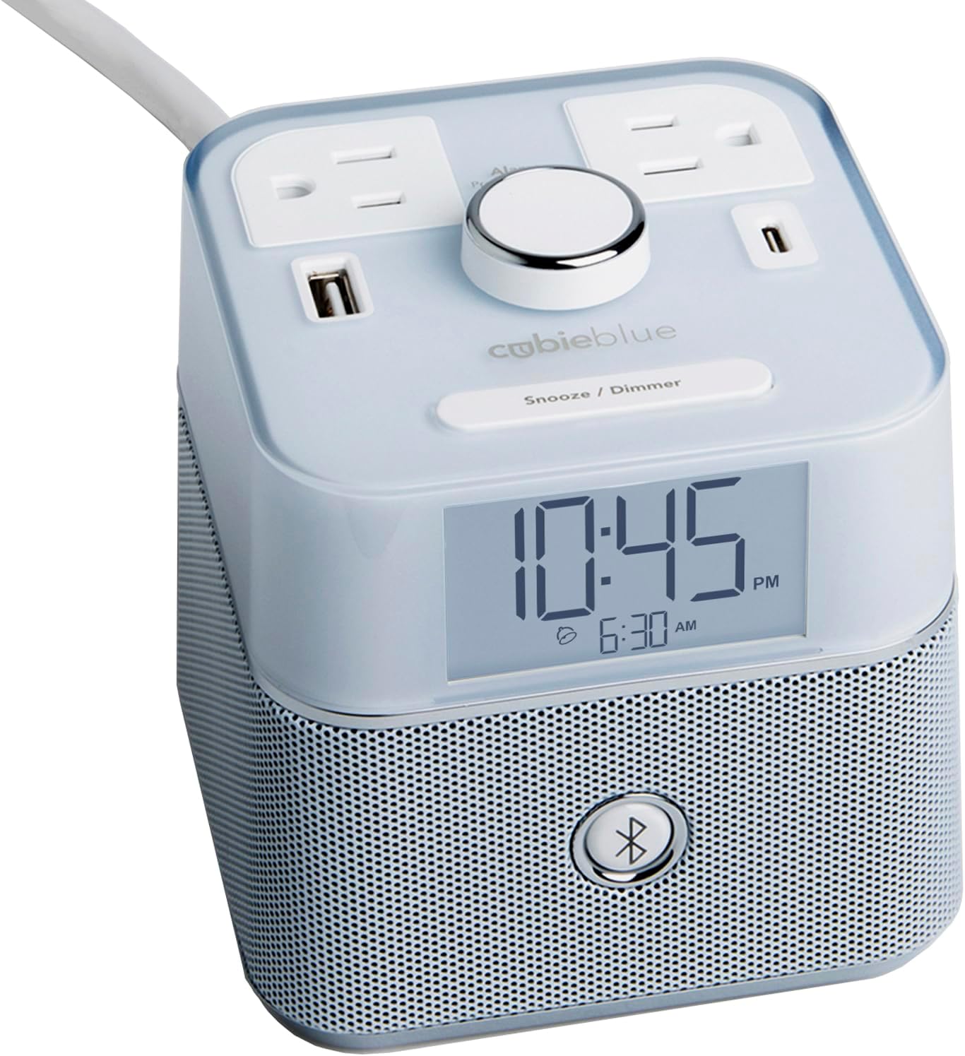 CubieBlue White - Charging Alarm Clock with Bluetooth Speaker, 2 Power Outlets and 1 USB-C and 1 USB-A Ports