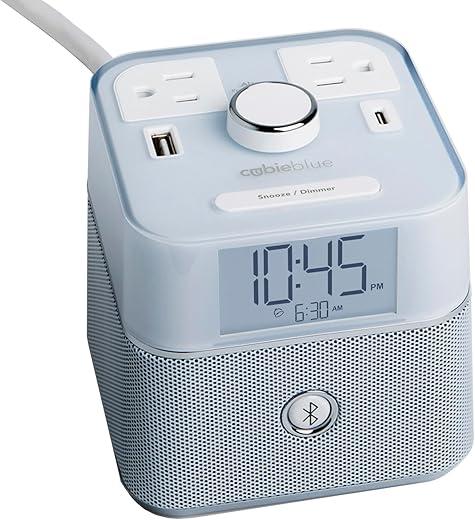 Brandstand Cubie Blue White Charging Alarm Clock with Bluetooth Speaker, 2 Power Outlets and 1 USB