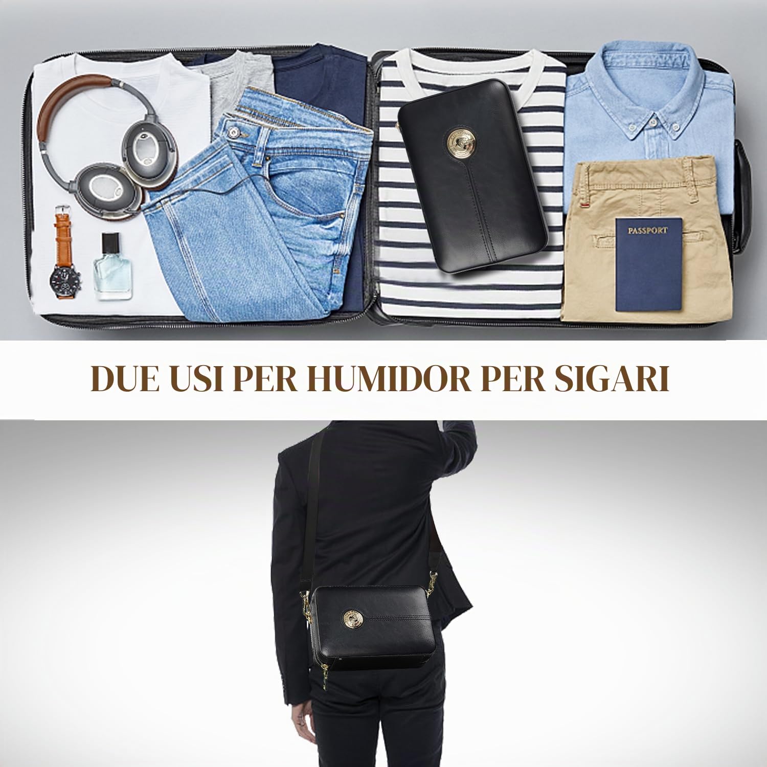 Porta Sigari, Humidor Sigari con Accendini, Portatile Portasigari in Pelle da Viaggio con Umidificatore per 6 Sigari, Perfetto Regalo per Uomo (Sigaro Non Incluso)