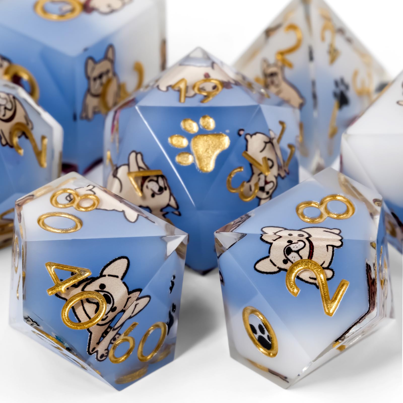 GU BEI TE DND Dice Set 7-Pcs, Sharp Edge Cute Dog Style Resin Dice Polyhedral Resin Sharp Edge Dice for Roleplaying Games Dungeons and Dragons RPG MTG Table Games（Poodle）
