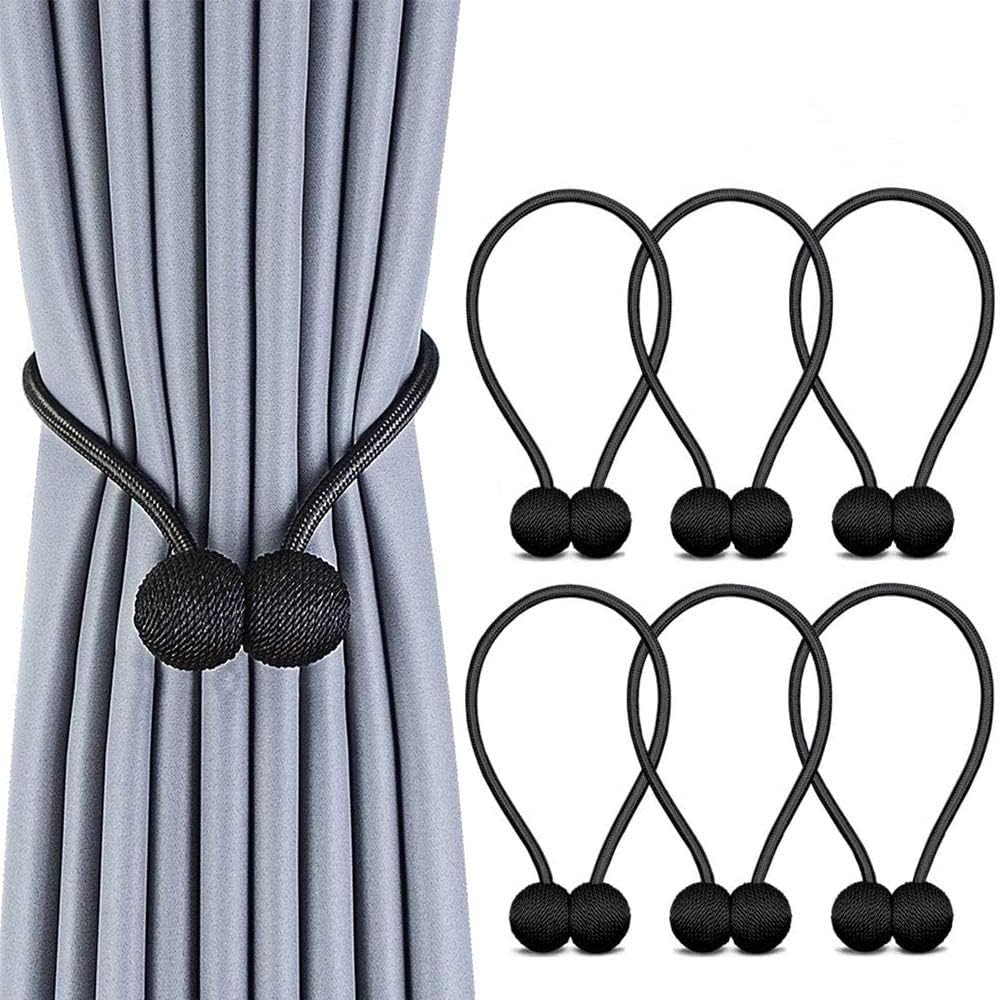 Curtain Tiebacks Magnetic, Drape Holders Holdbacks Decorative Weave Rope Clips Window Sheer Blackout Panels Home Office, Black (Pack of 6)