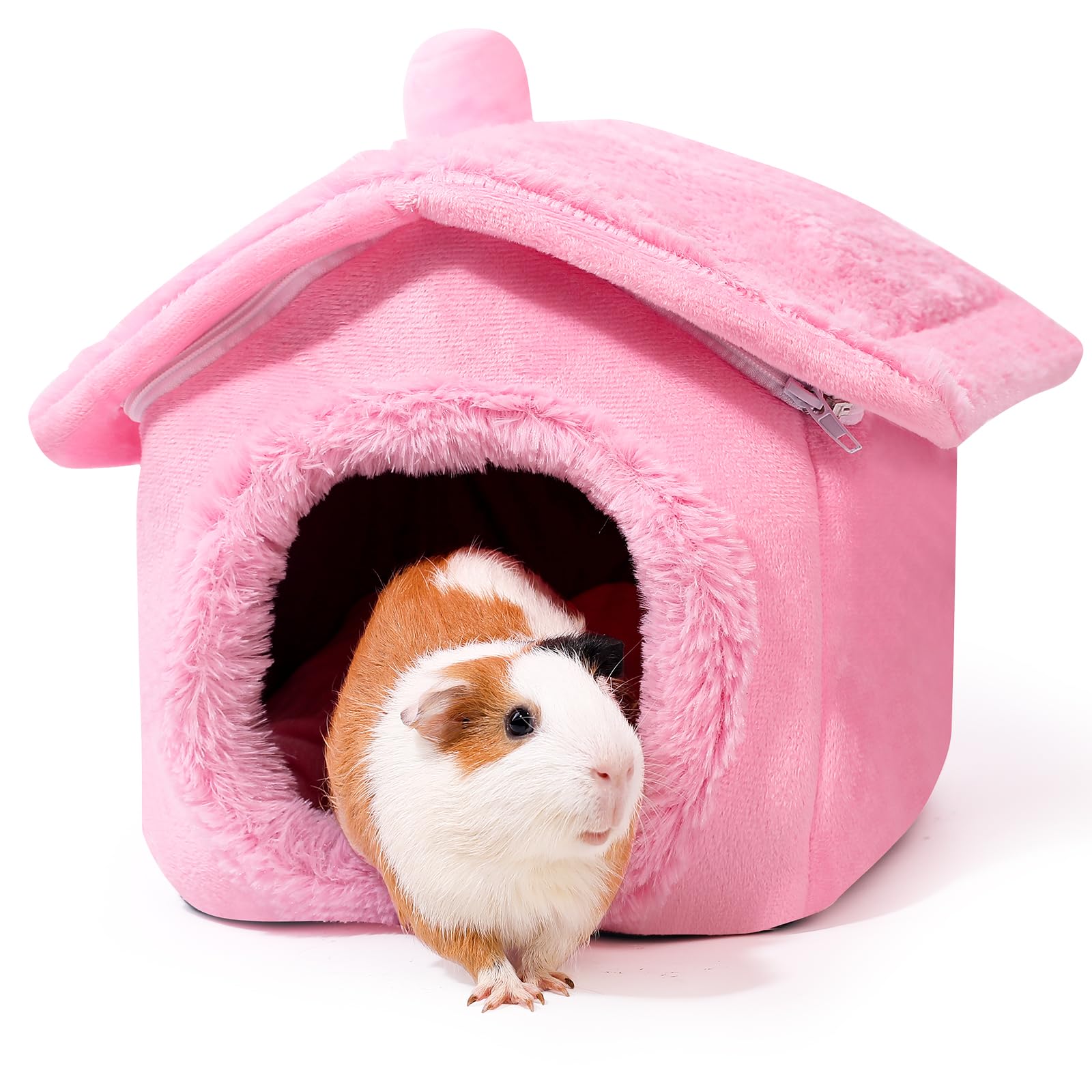 ONEJU Guinea Pig House - Separable Plush Roof, Pig Bed, Hideout, Rabbit & Bunny Hut - Pure Pink, 30 x 30 x 33 cm (L x W x H)