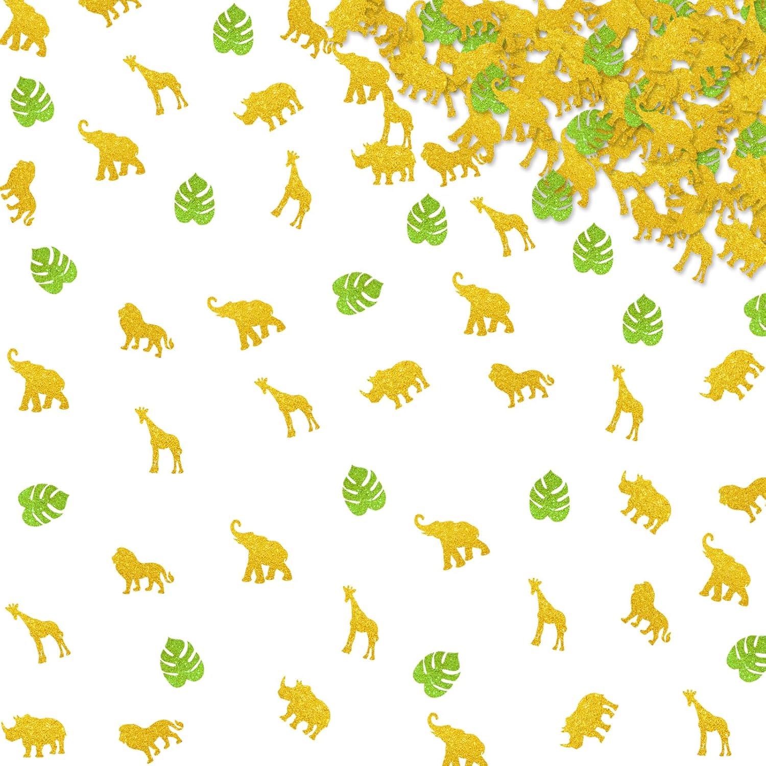 150pcs Safari Animal Confetti, Wild Animal Birthday Table Confetti, Green Glitter Palm Leaf Elephant Table Scatter for Baby Shower, Safari Theme Party Decoration