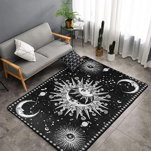 Miniatura 3 de Alfombra estética de sol y luna en blanco y negro con diseño místico de estrellas para interiores y exteriores, 60 x 39 pulgadas