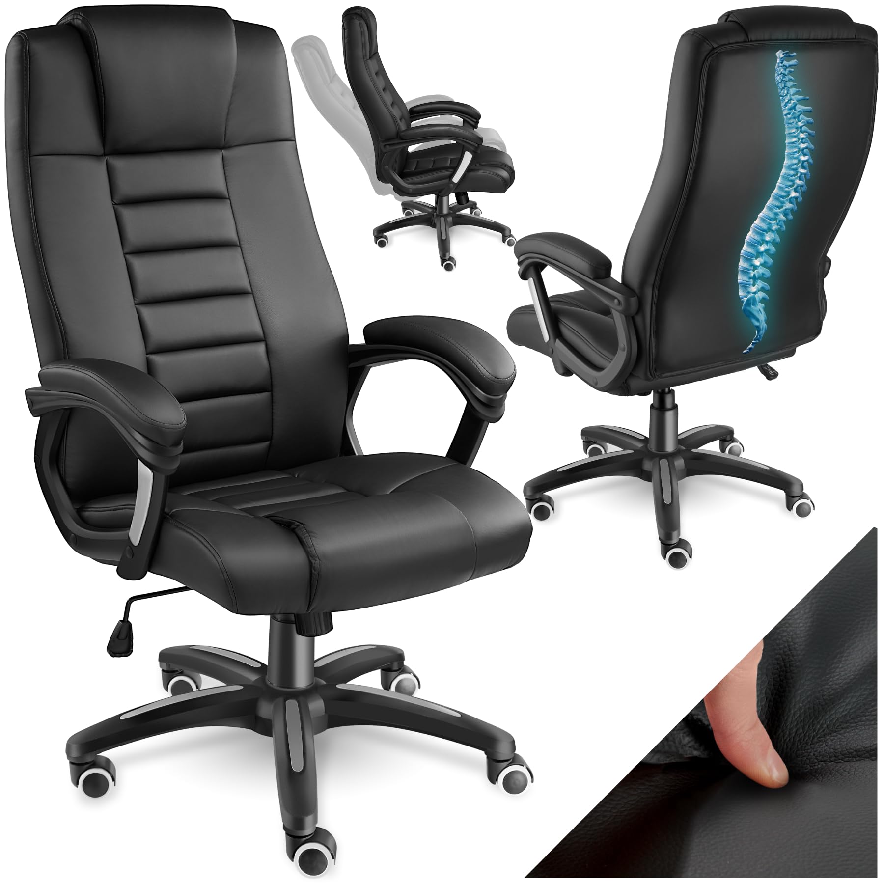 tectake® Bürostuhl, Chefsessel, Drehstuhl mit Rollen, Computerstuhl, höhenverstellbarer Schreibtischstuhl, ergonomischer Bürostuhl aus Kunstleder, Armlehnen & Wippfunktion, 12 cm Polsterung - schwarz