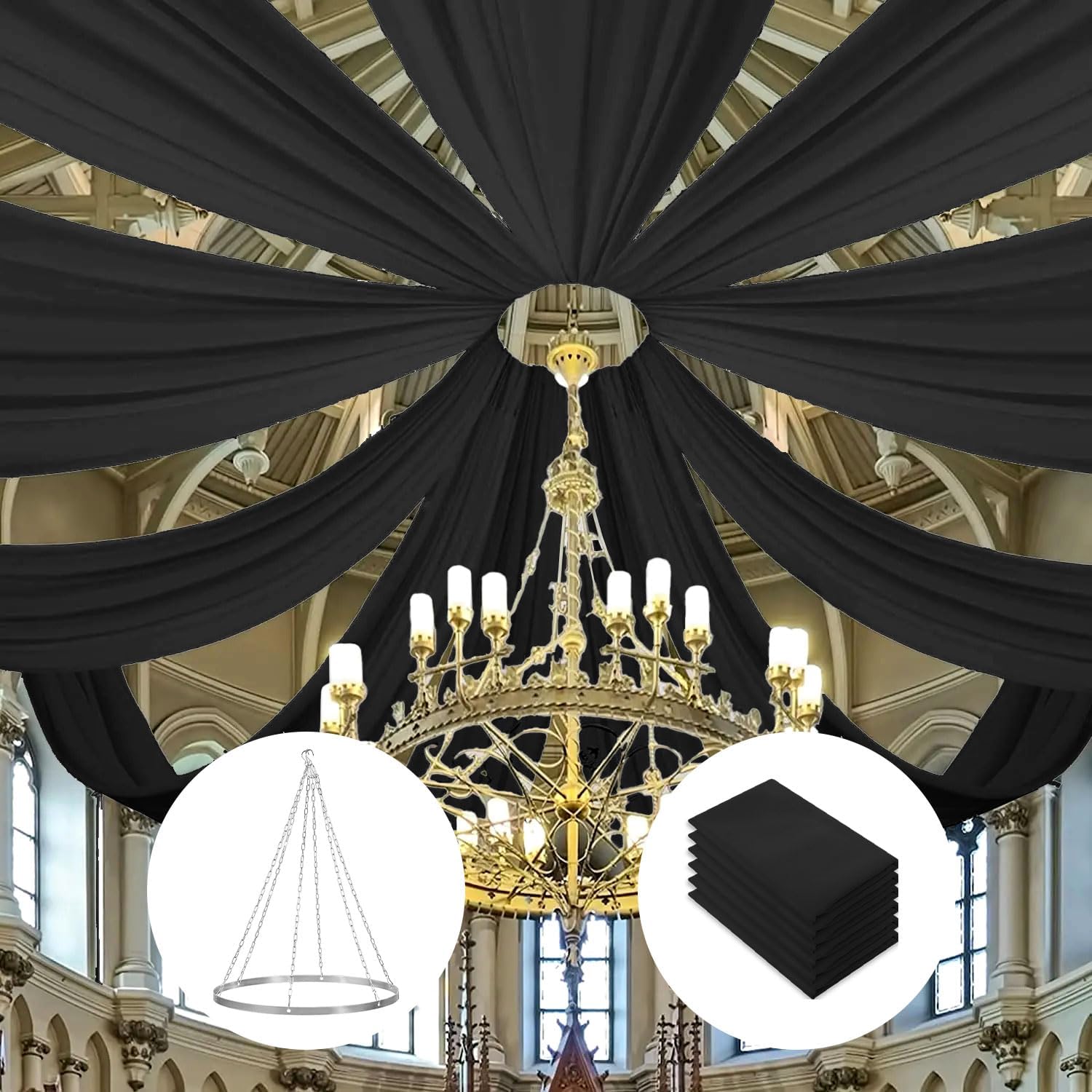 FOTSHARER 6 Panels Black Ceiling Drapes 5ft x 10ft with Wedding Ceiling Drapes Hanging Kit Sheer Arch Draping Fabric Chiffon Wedding Ceiling Curtain Drapery and Hanging Hoop for Stage Ceremony Decor