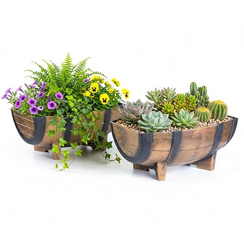 Gardenised 2-Piece Rectangular Half Barrel Flower Pots Rustic Farmhouse Style