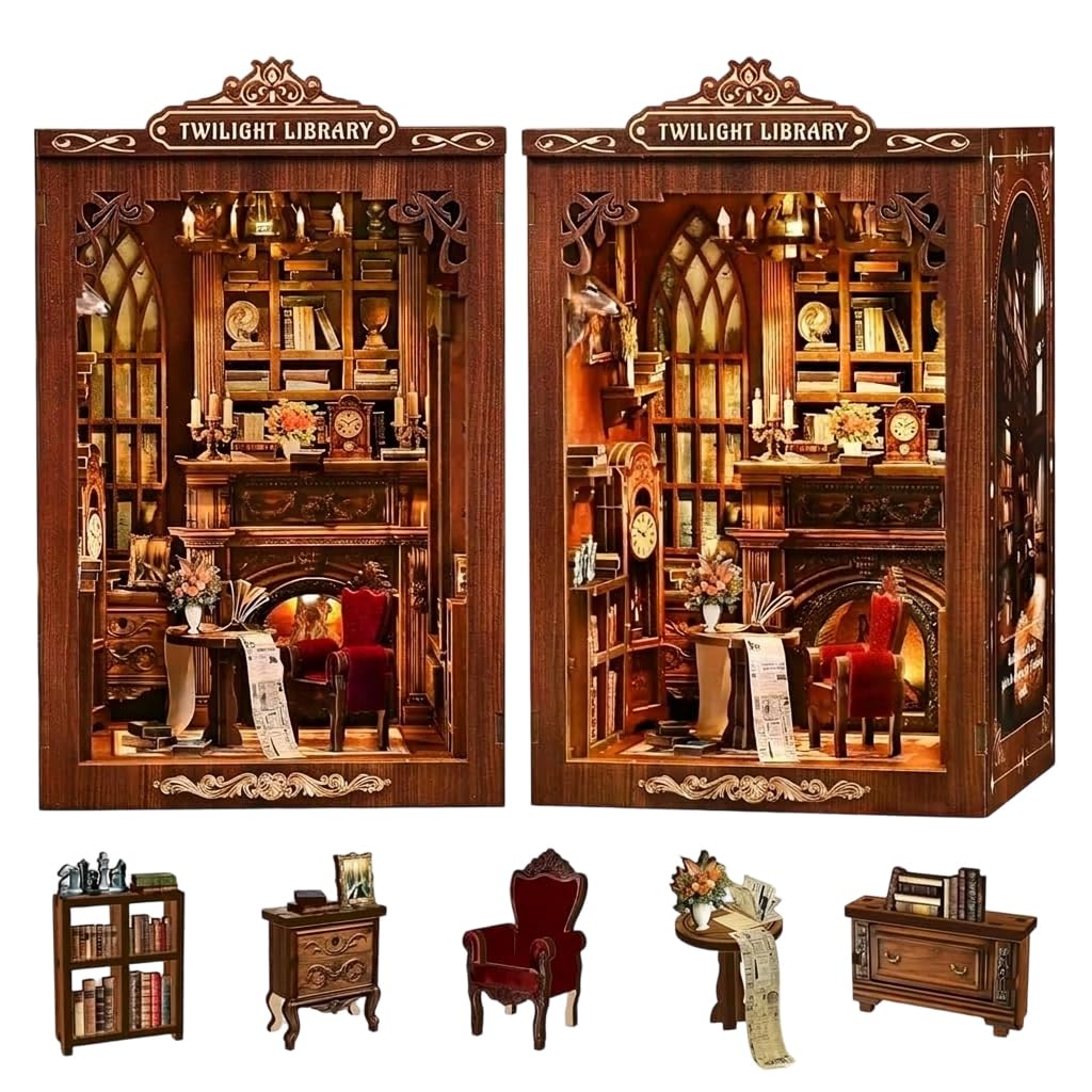 PATPAT® Twilight Library DIY Book Nook Kit Wooden Miniature Dollhouse Diorama Shelf Insert with Vintage Fireplace, Bookshelves & Furniture for Bookshelf Decoration & Creative Craft Assembly.-image-48